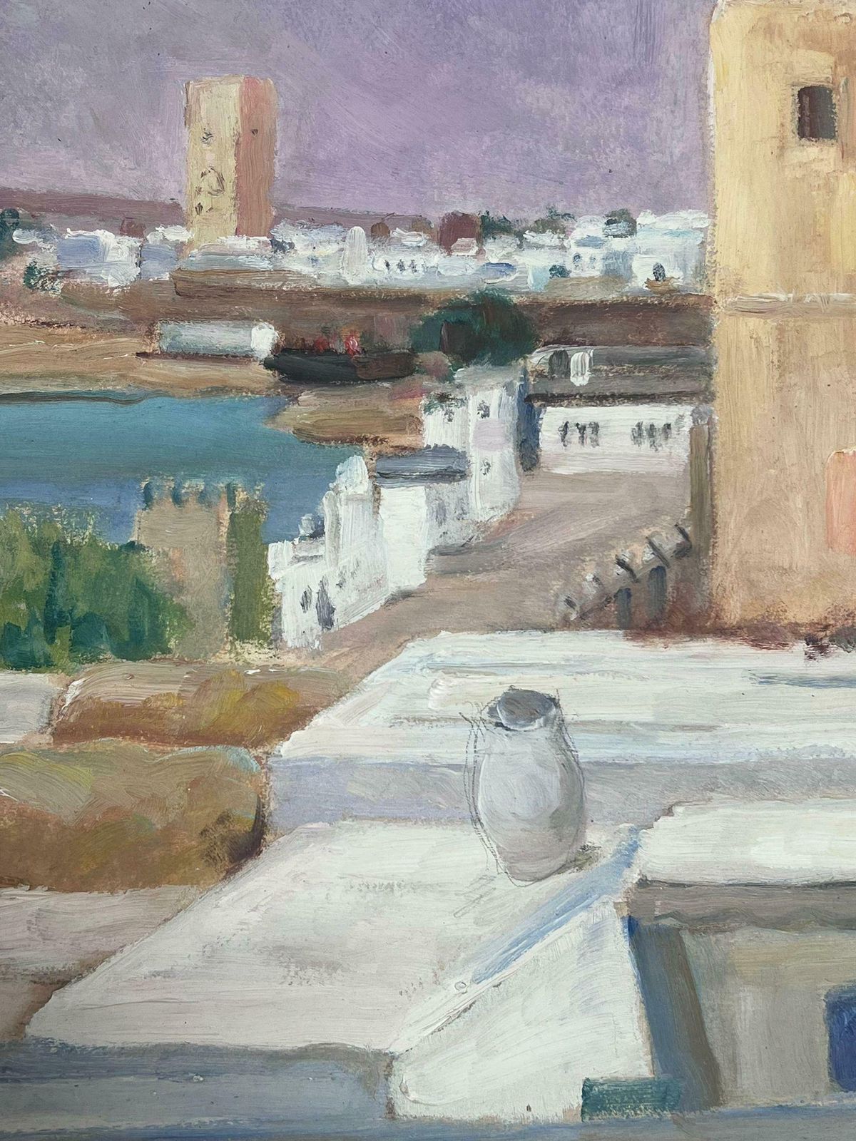 Y. Blanchon1930's Gouache Tall Beige Stone Tower In French Town Landscape 1930's photo furniture