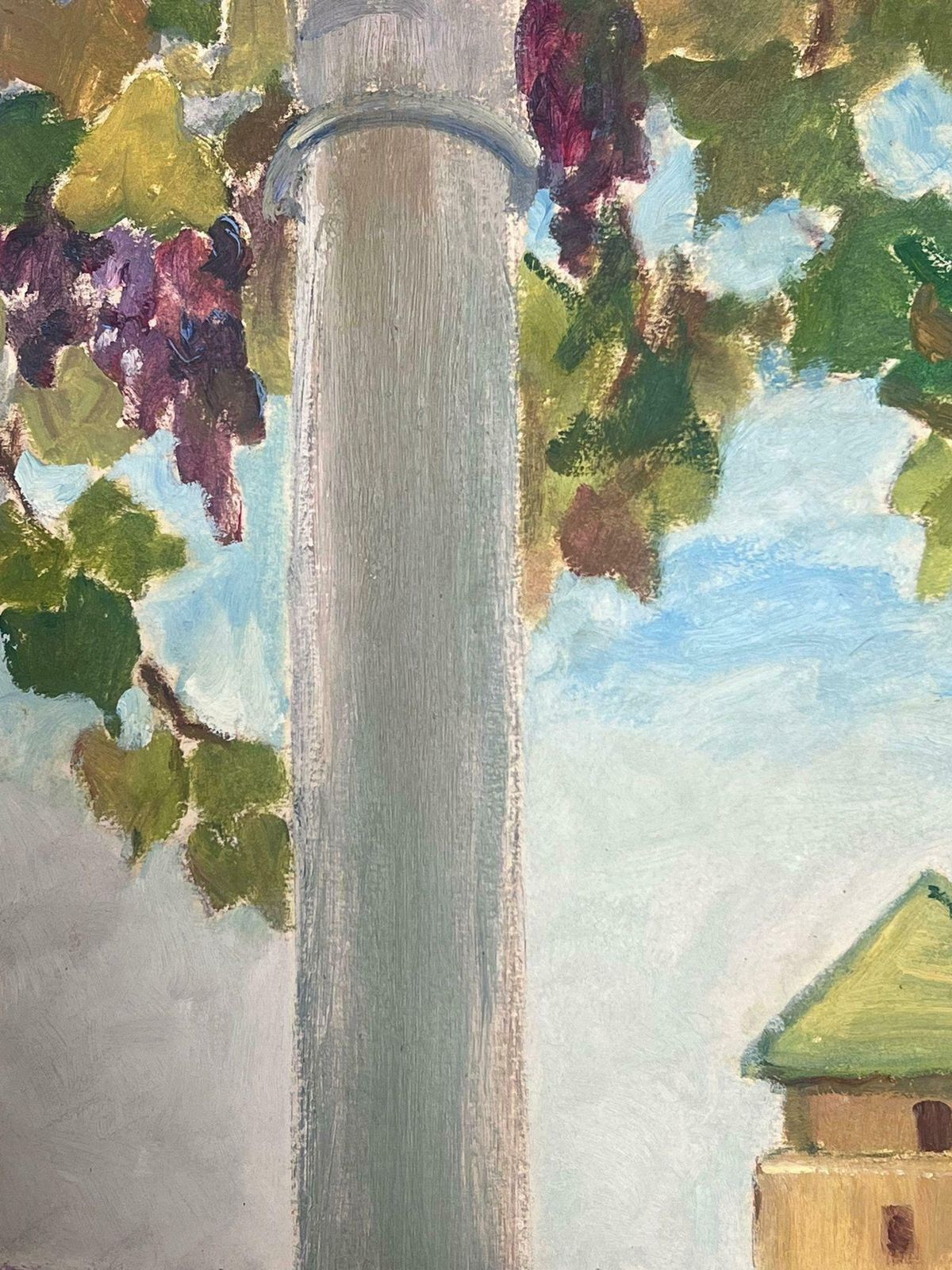 Y. Blanchon1930's Gouache French Grape Vine Over Balcony Over Looking Beige Stone Tower1930's photo for sale