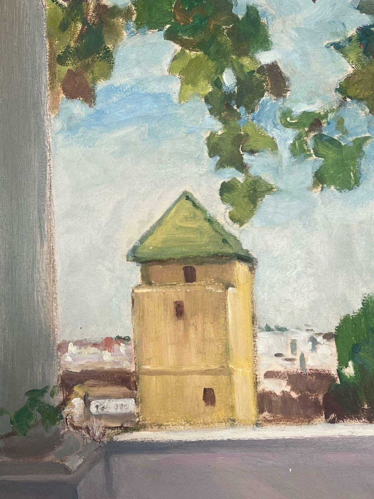 Y. Blanchon1930's Gouache French Grape Vine Over Balcony Over Looking Beige Stone Tower1930's photo Art