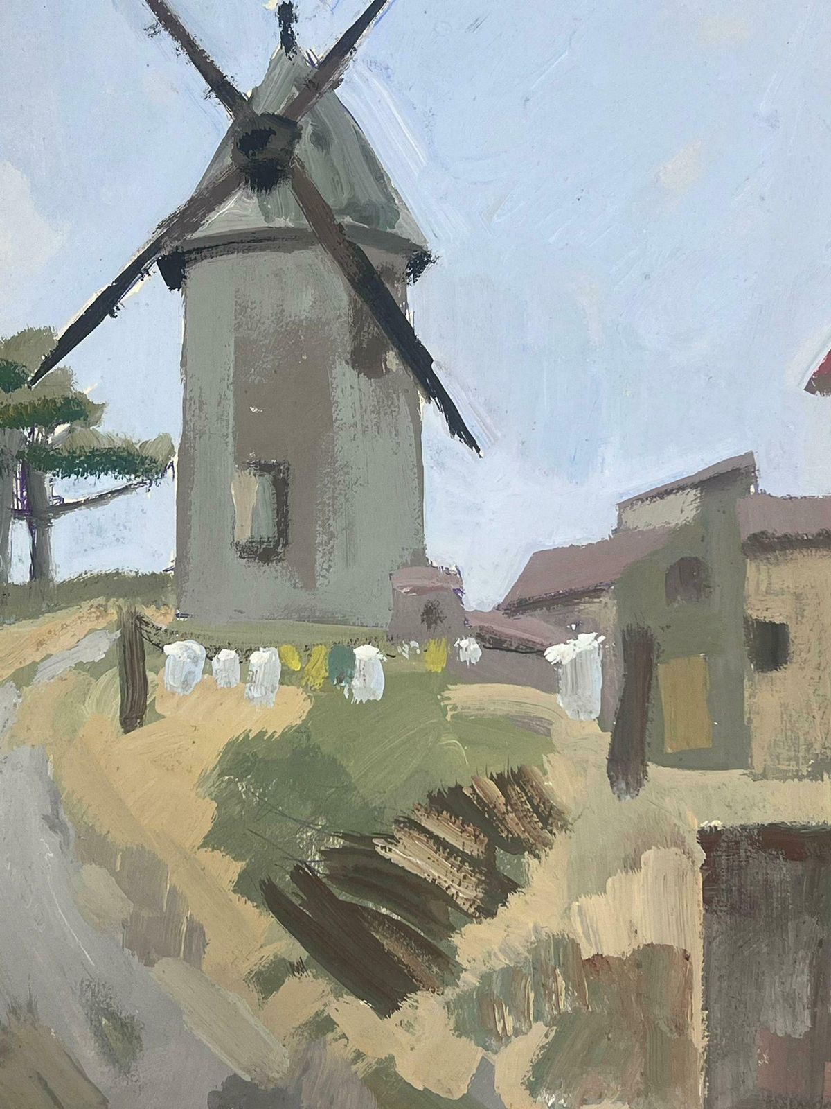 Y. Blanchon1930's French Gouache Landscape Grey Windmill Up The Track 1930's photo for sale