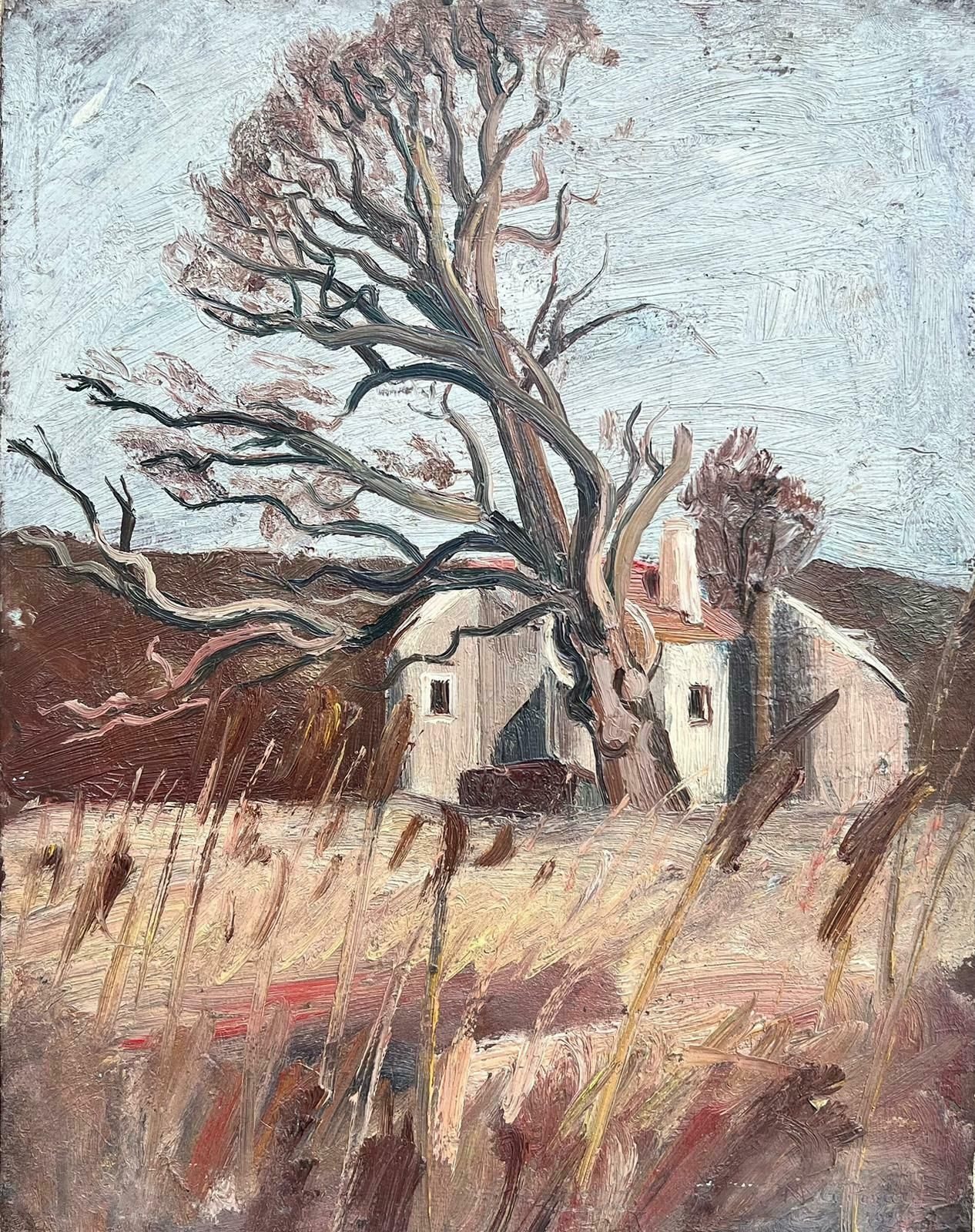 French School1930s French Post Impressionist Oil Painting Old Gnarled Tree In Brown Landscape photo furniture