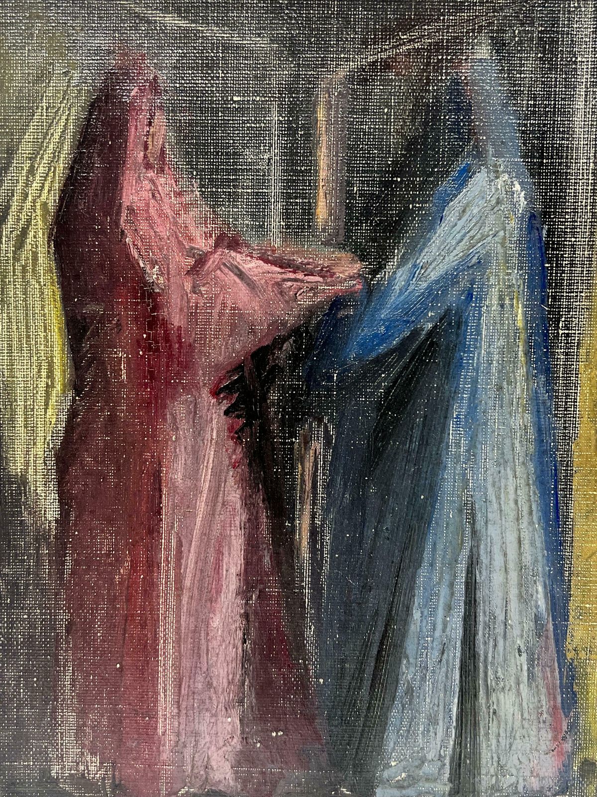 French School1950's French Modernist Signed Oil La Visitation Surrealist Figures1950's photo for sale
