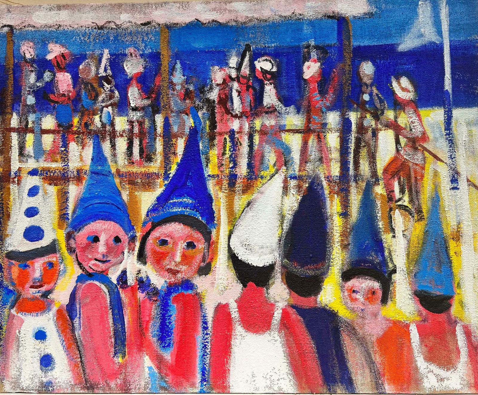 Huguette Ginet Lasnier Busy Beach Scene Children Wearing Hats Hot Summers Day Blue Sea & Sky French Oilc. 2000's