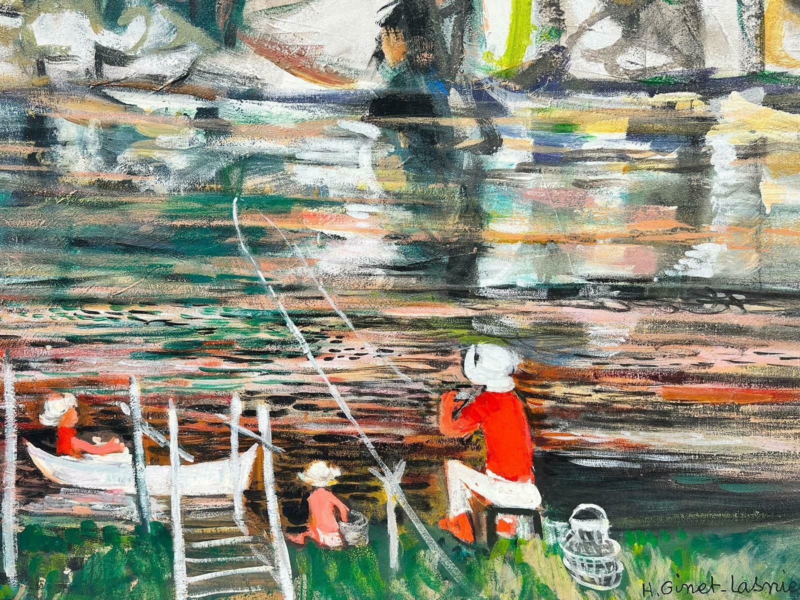 Huguette Ginet Lasnier Figures On River French Modernist Signed Oil Painting Fishing Vacationc. 2000's photo furniture