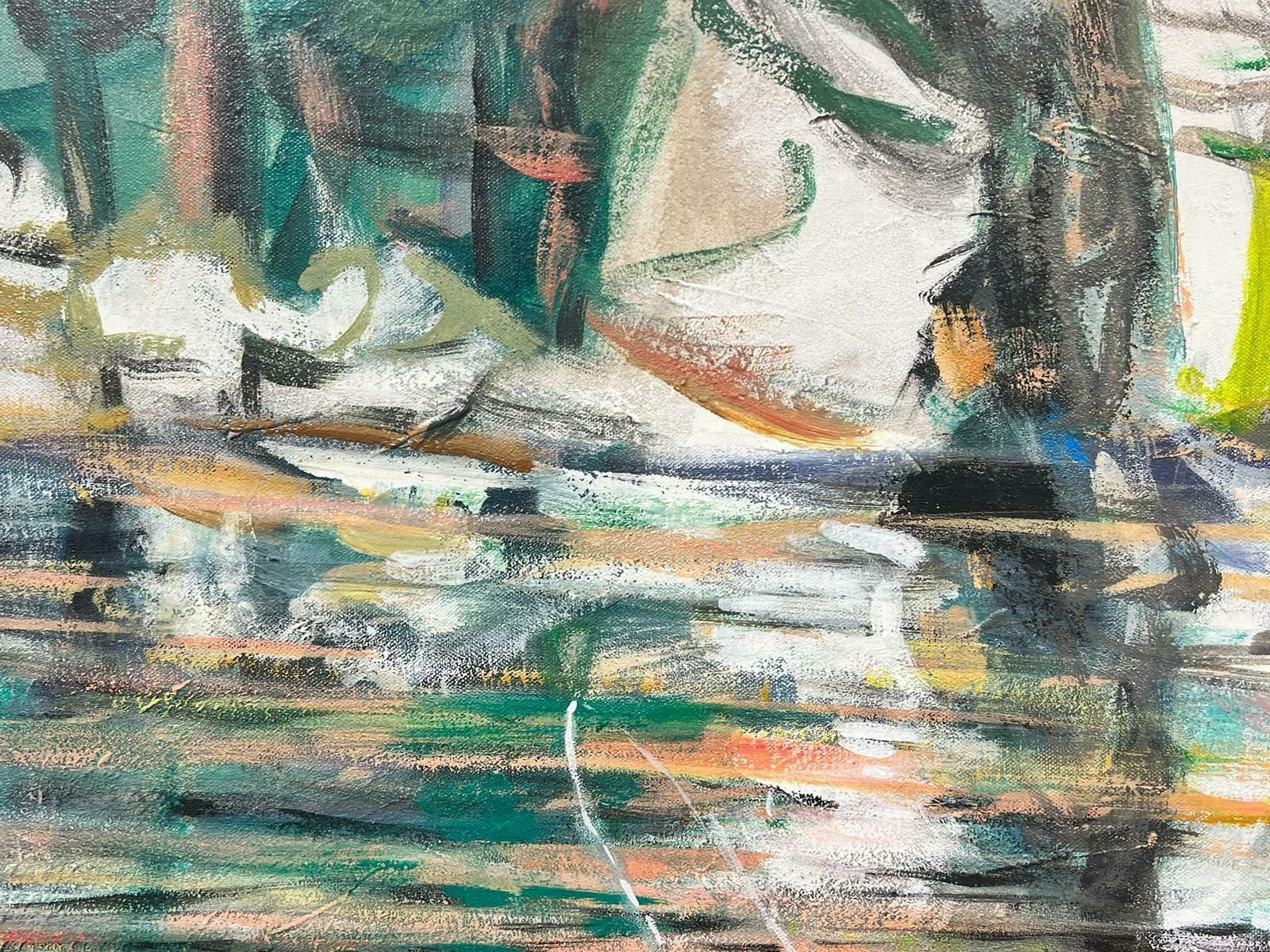 Huguette Ginet Lasnier Figures On River French Modernist Signed Oil Painting Fishing Vacationc. 2000's photo for sale