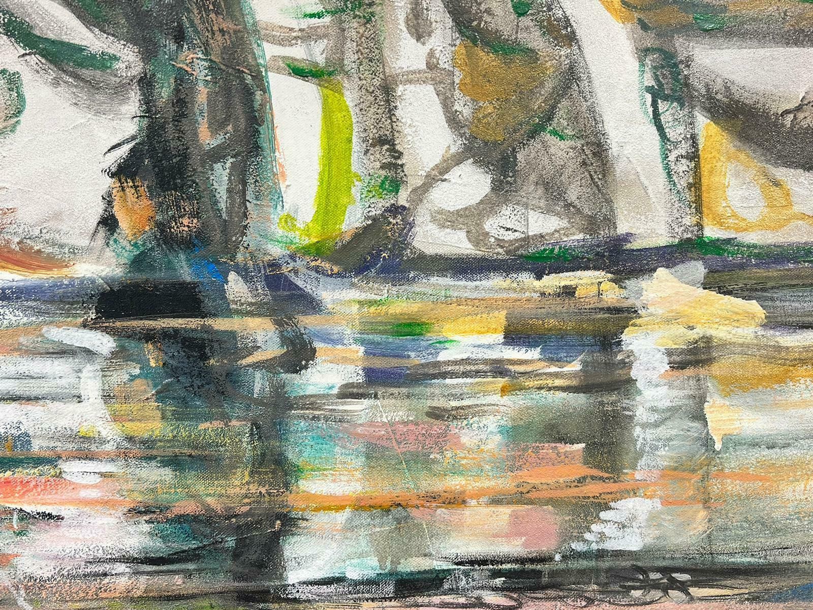Huguette Ginet Lasnier Figures On River French Modernist Signed Oil Painting Fishing Vacationc. 2000's photo Art