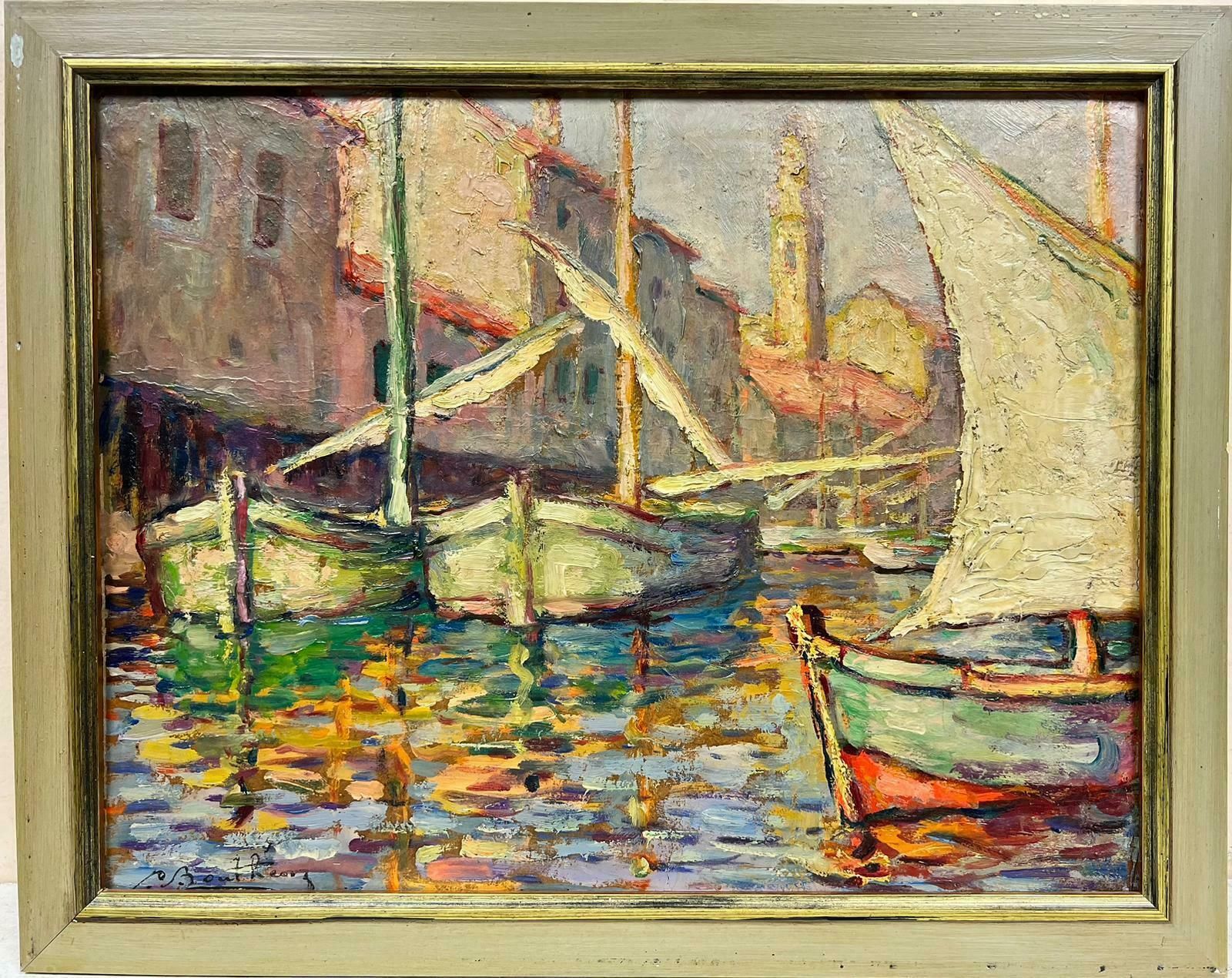 French School1950’s French Impressionist Oil Sleepy Med Fishing Sunny Harbour Signed1950 photo furniture