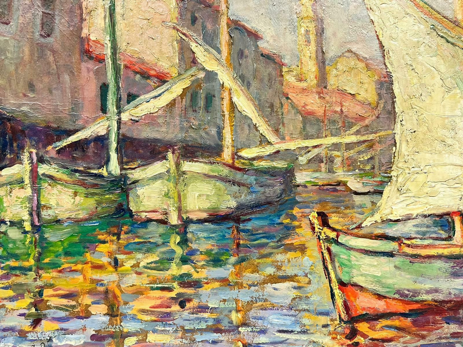 French School1950’s French Impressionist Oil Sleepy Med Fishing Sunny Harbour Signed1950 photo Art