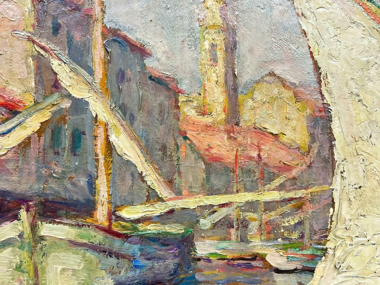 French School1950’s French Impressionist Oil Sleepy Med Fishing Sunny Harbour Signed1950 photo buy