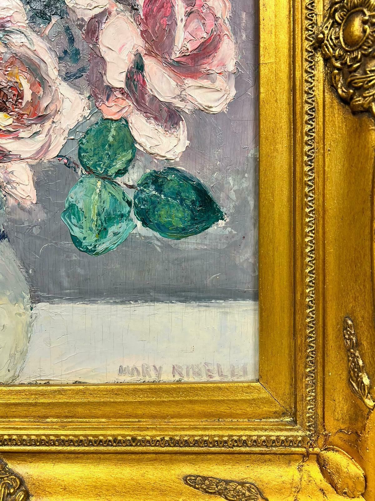 Mary Ribelli1950’s French Impressionist Signed Oil Pink Roses Paris Still Life Gilt Frame1950’s photo Art