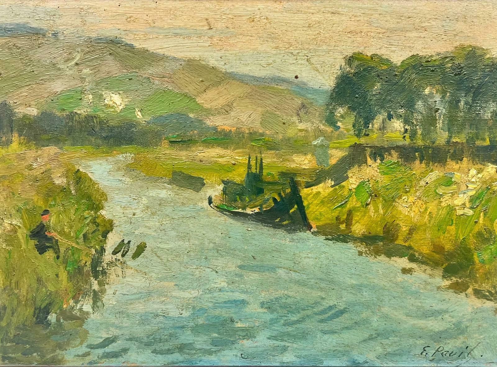 Elie Anatole Pavilfishing Boat On Rural River Green Landscape Signed Impressionist Oil Painting photo Art