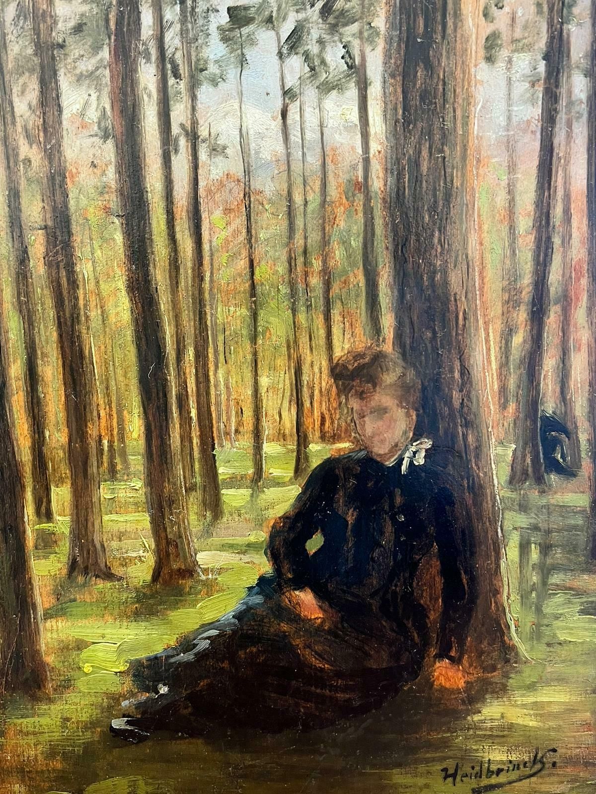 German Impressionist Seated Lady Under Tree In Woodland Antique Signed Oil photo furniture
