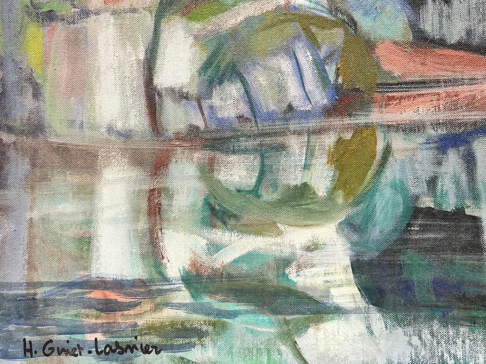 Huguette Ginet Lasnier French Modernist Contemporary Oil Beautiful River Landscape With Reflections C. 2000's photo for sale