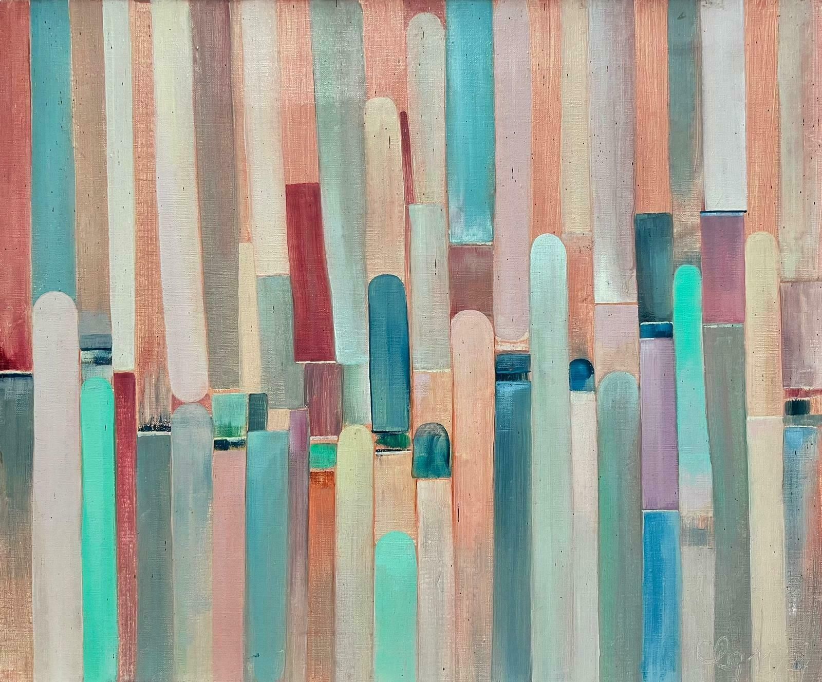 French School1970’s French Abstract Shapes Oil Painting In Pastel Shades Of Color
