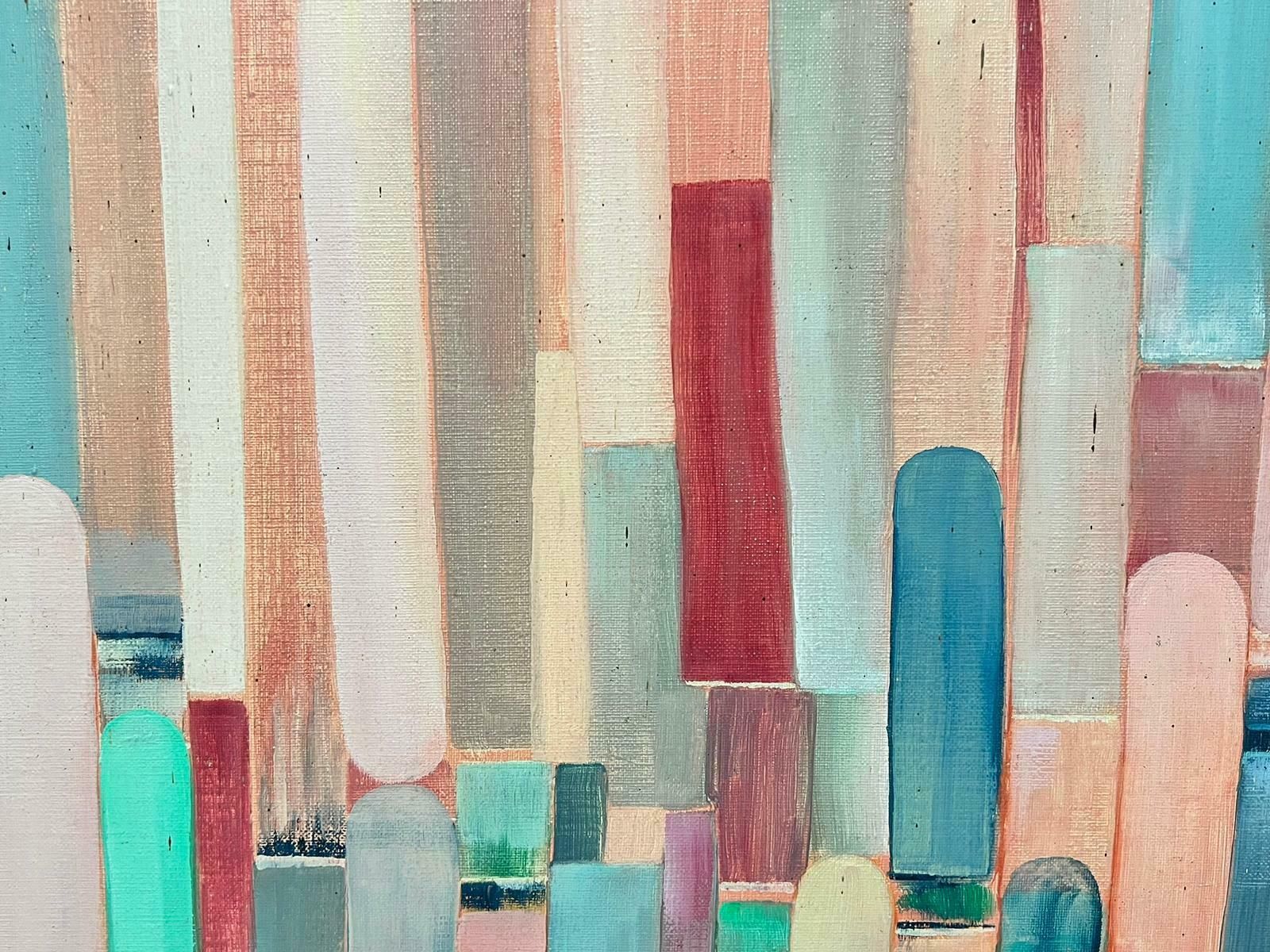 French School1970’s French Abstract Shapes Oil Painting In Pastel Shades Of Color photo 2036.0