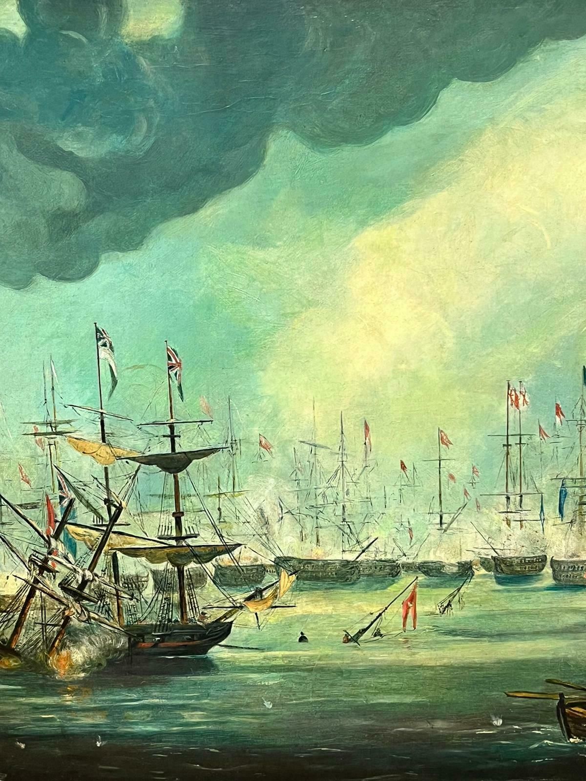 English Marine Oil Naval Battle Engagement At Sea Large Busy Battle Scene Many Ships, Signed Oil photo Art