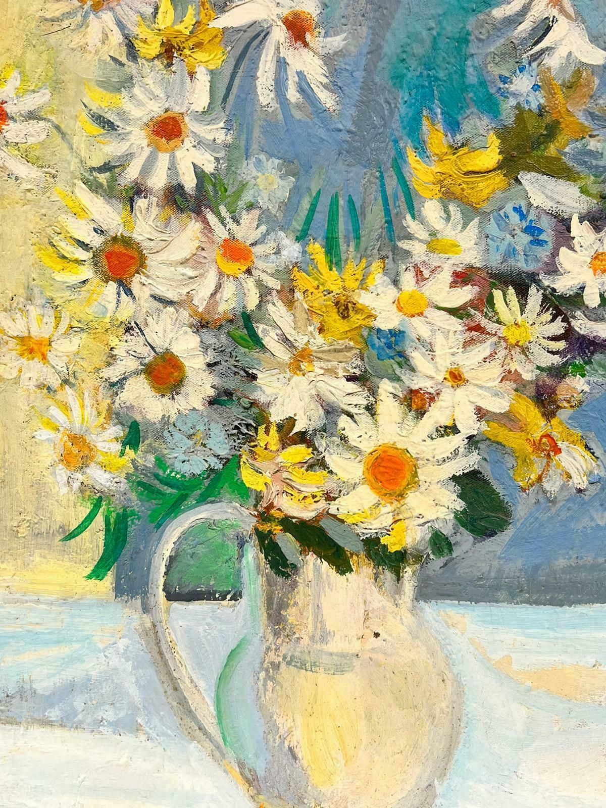 Huguette Ginet Lasnier Bright & Cheerful French Modernist Signed Oil Still Life Flowers In Vasec. 2000's photo furniture