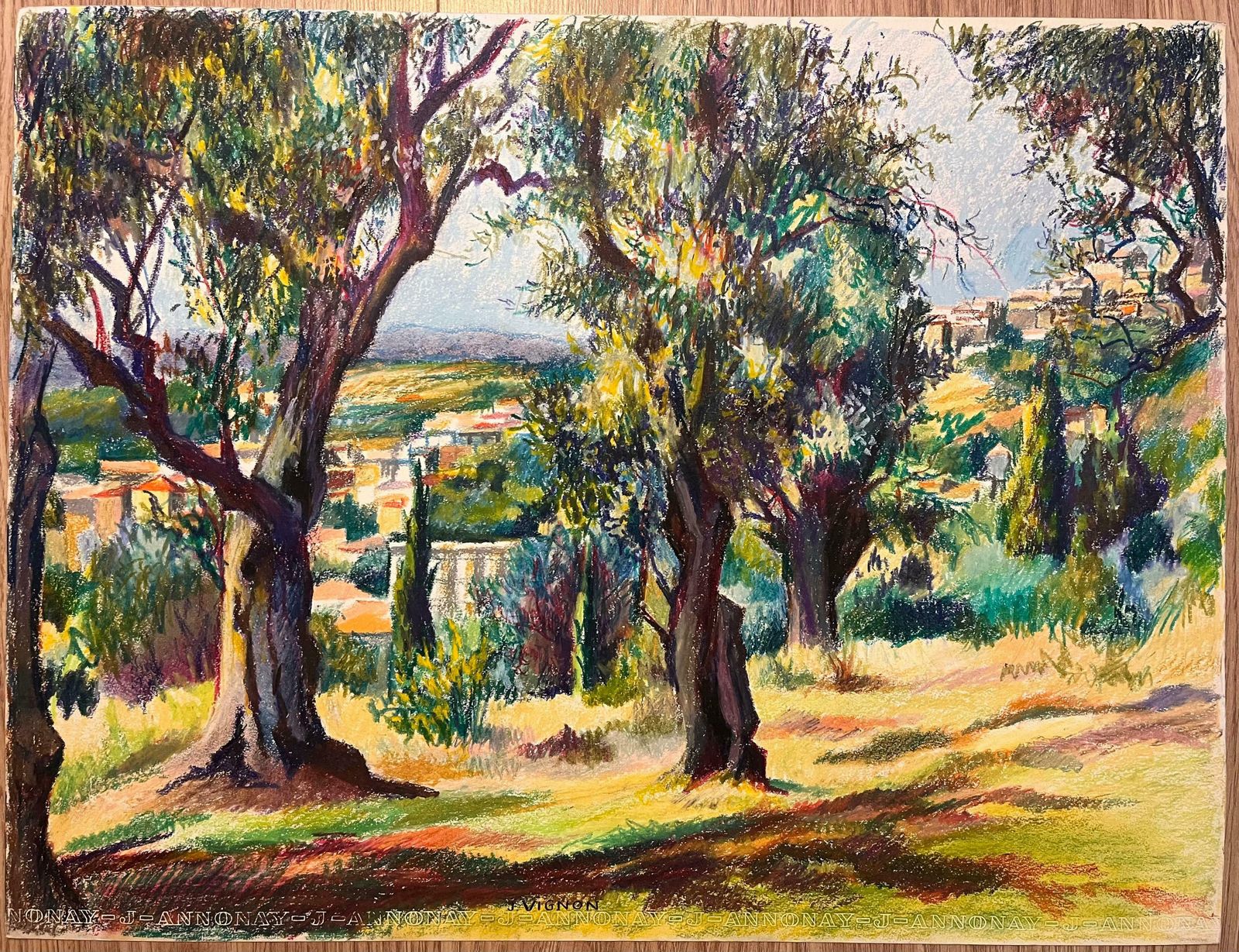 Josine Vignonmid Century French Original Pastel Drawing Of Sunlit Woodland And Village1950's photo furniture