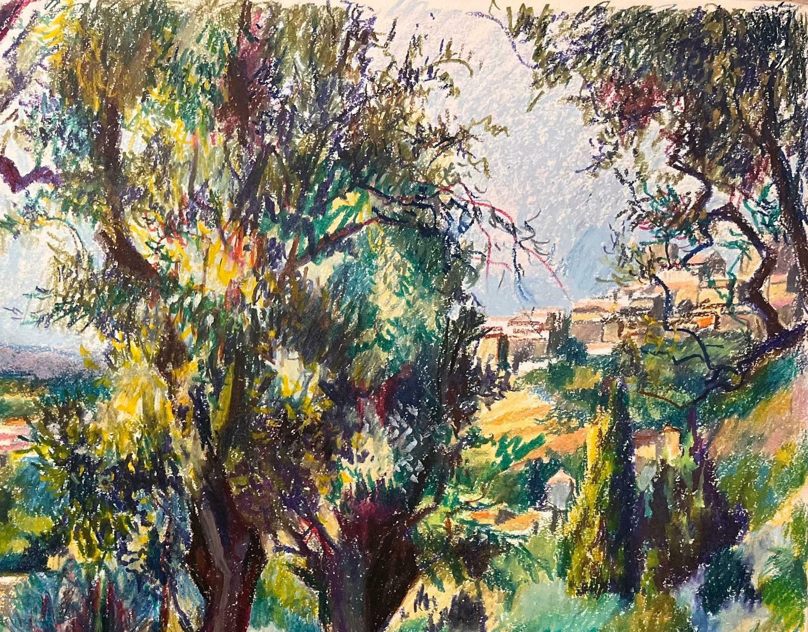 Josine Vignonmid Century French Original Pastel Drawing Of Sunlit Woodland And Village1950's photo Art