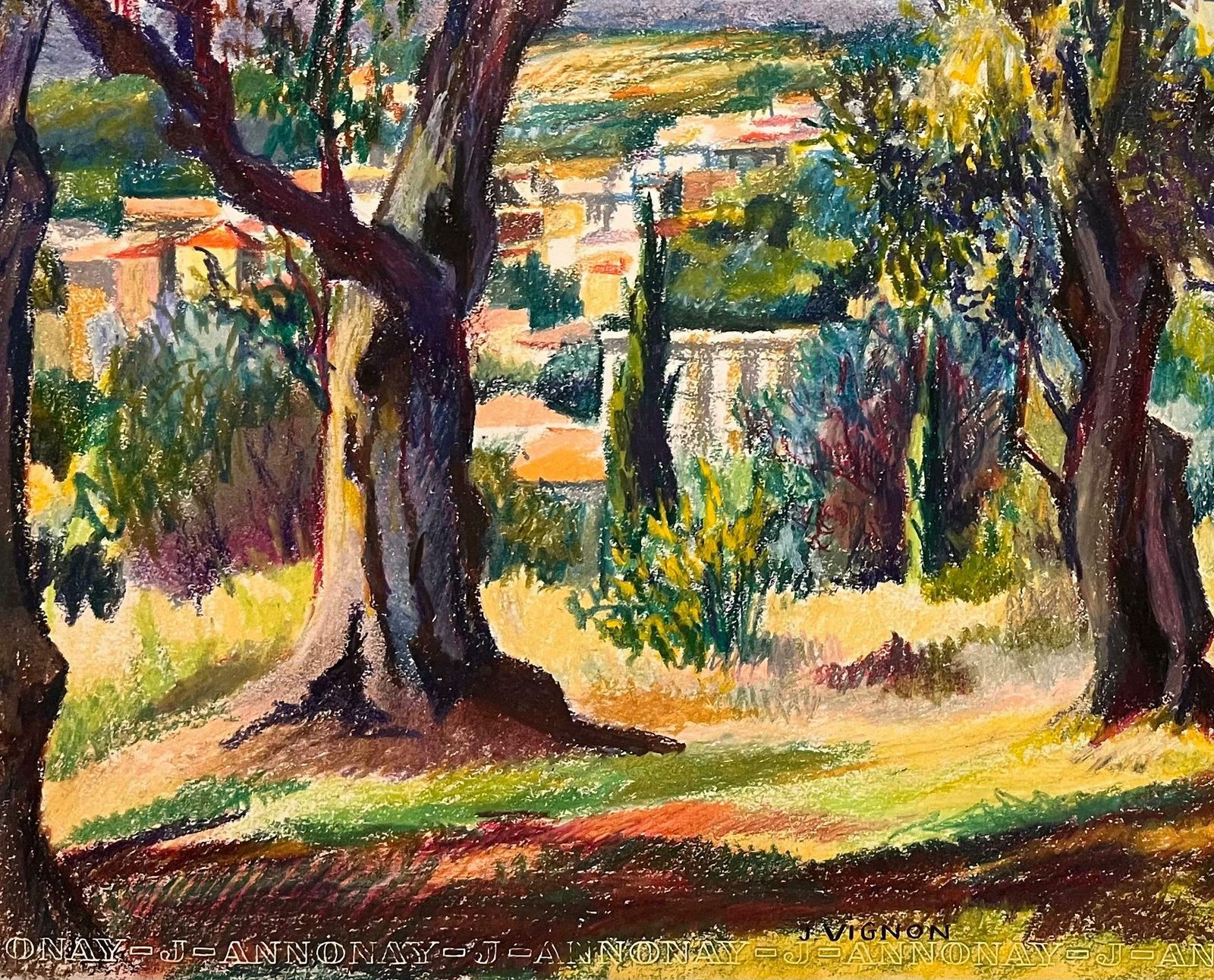Josine Vignonmid Century French Original Pastel Drawing Of Sunlit Woodland And Village1950's photo vinterior