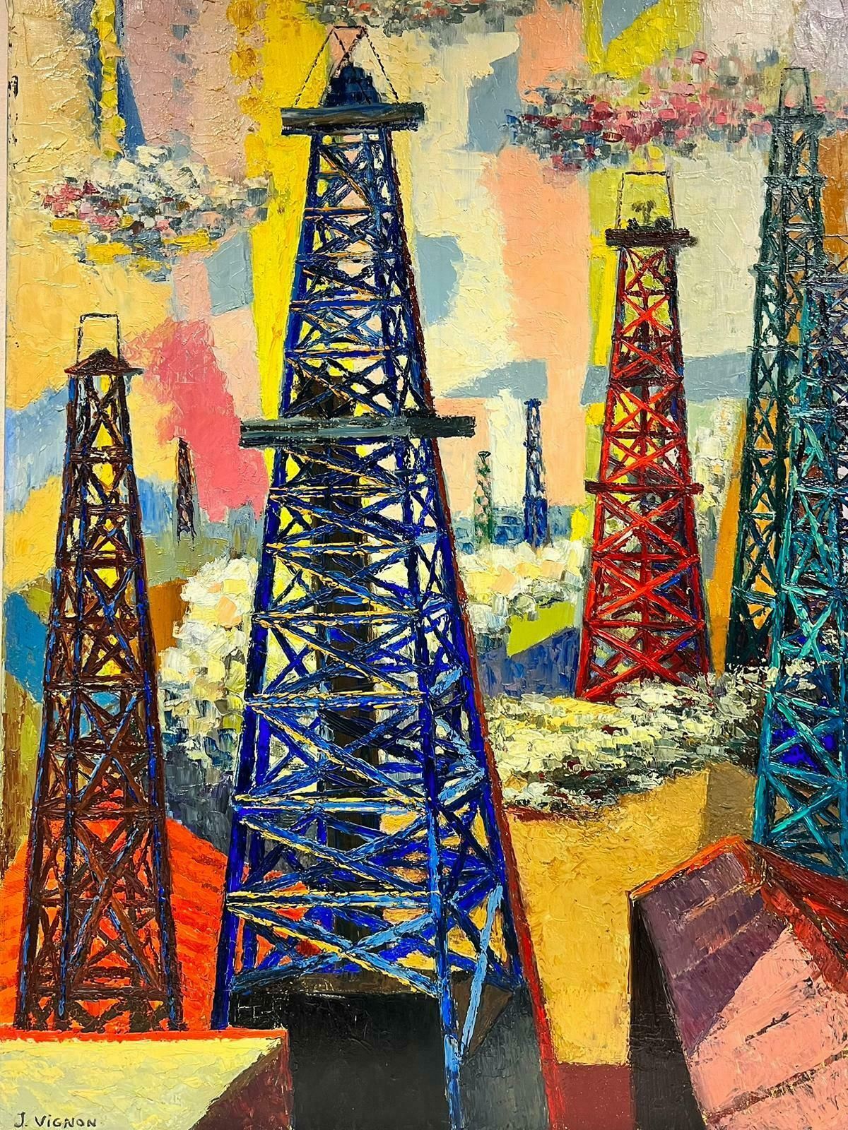 Josine Vignon1960’s French Modernist Large Oil Colorful Industrial Landscape Masts1960's photo Art
