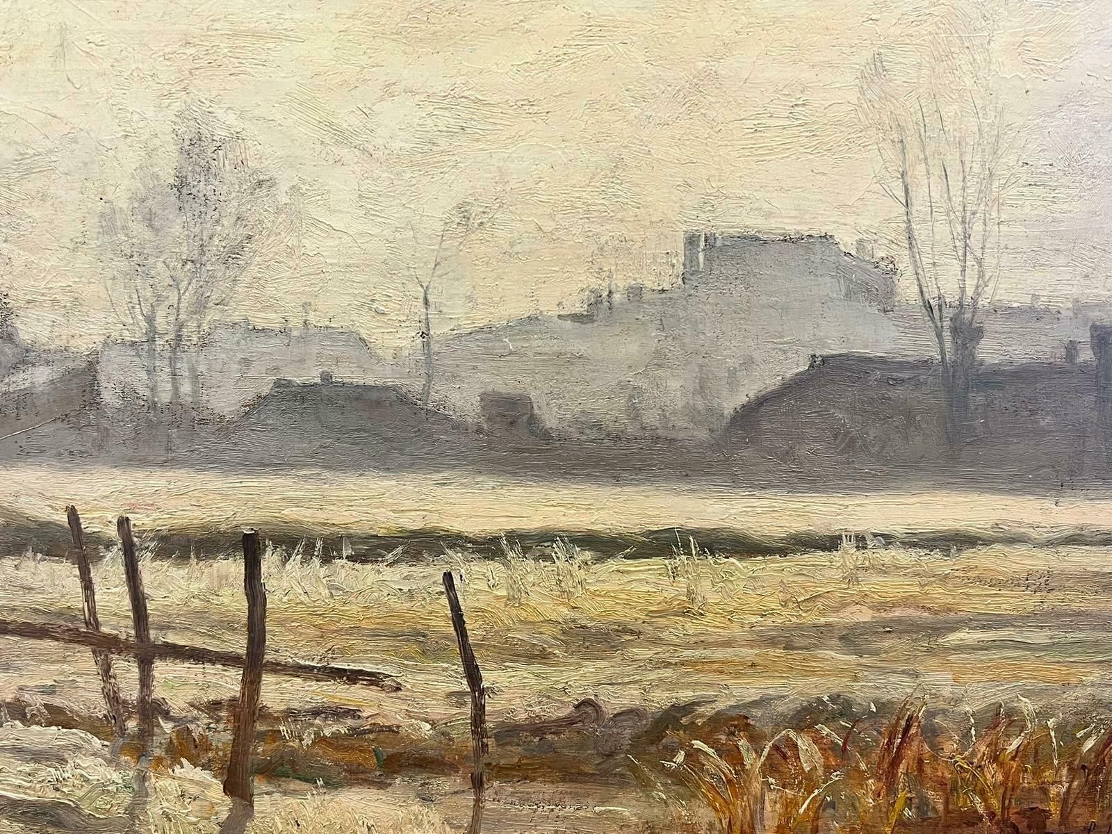 Paul Sébilleau 1890’s French Impressionist Signed Oil Wintry Misty Morning Rural Fields1895 photo furniture