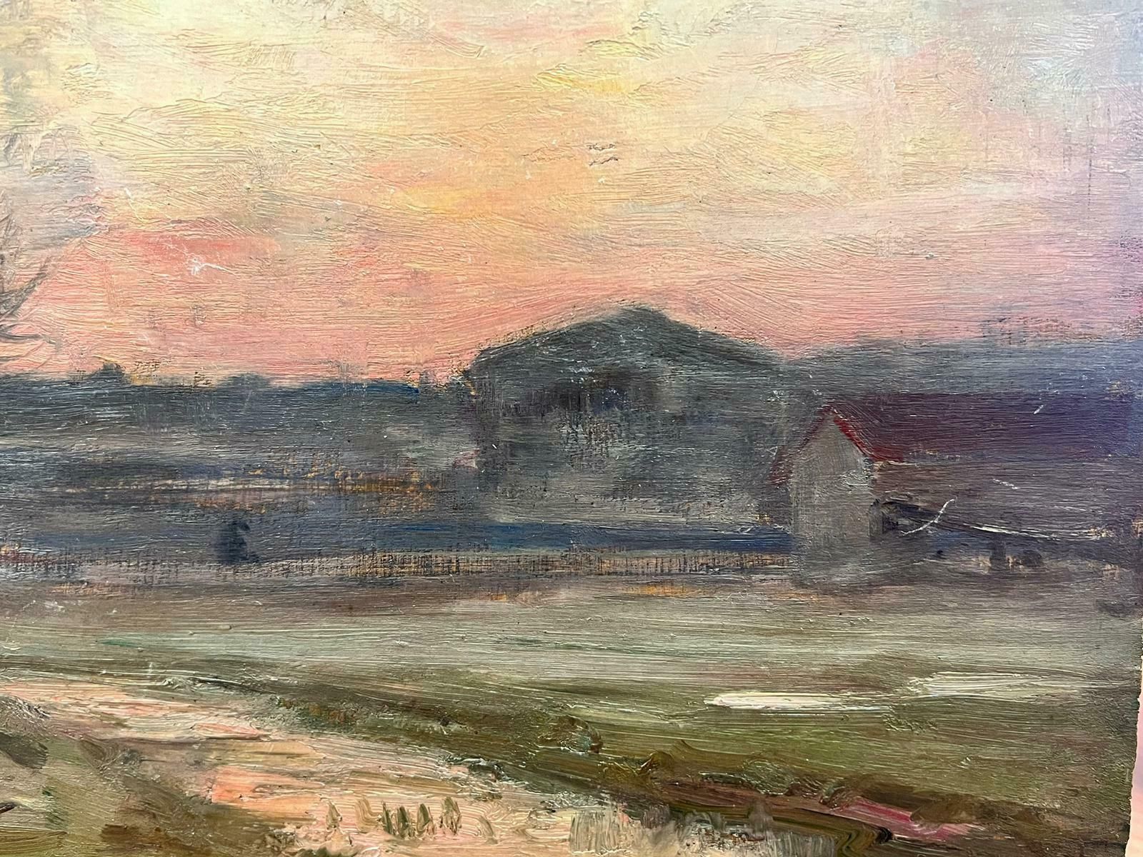 Paul Sébilleau 1890’s French Impressionist Signed Oil Pink Sunset Sky Over Countryside Fields1893 photo furniture