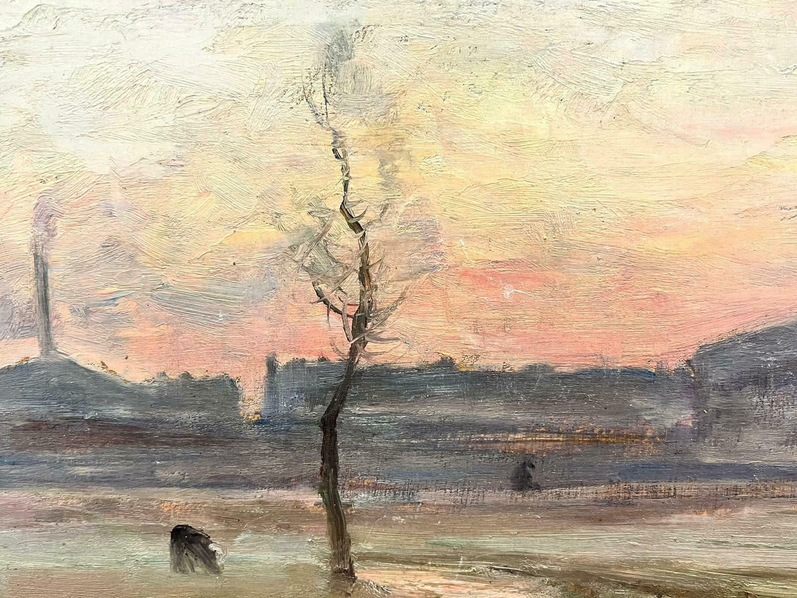 Paul Sébilleau 1890’s French Impressionist Signed Oil Pink Sunset Sky Over Countryside Fields1893 photo for sale