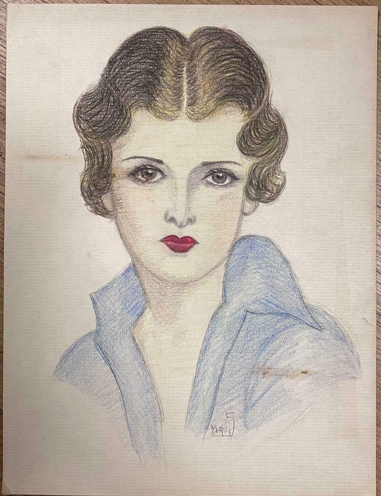 Marjorie Schiele (1913 2008)Portrait Of Elegant Young Society Lady Exquisite Drawing Red Lips Blue Shirt photo furniture