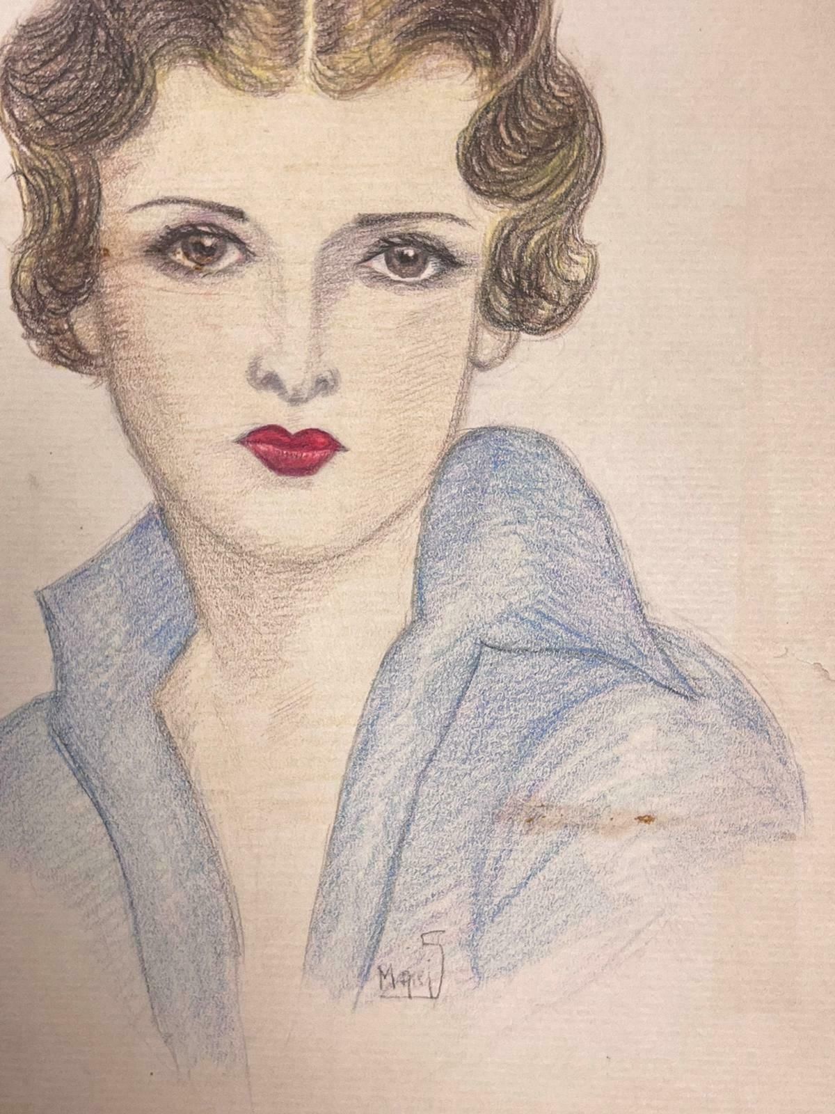 Marjorie Schiele (1913 2008)Portrait Of Elegant Young Society Lady Exquisite Drawing Red Lips Blue Shirt photo for sale