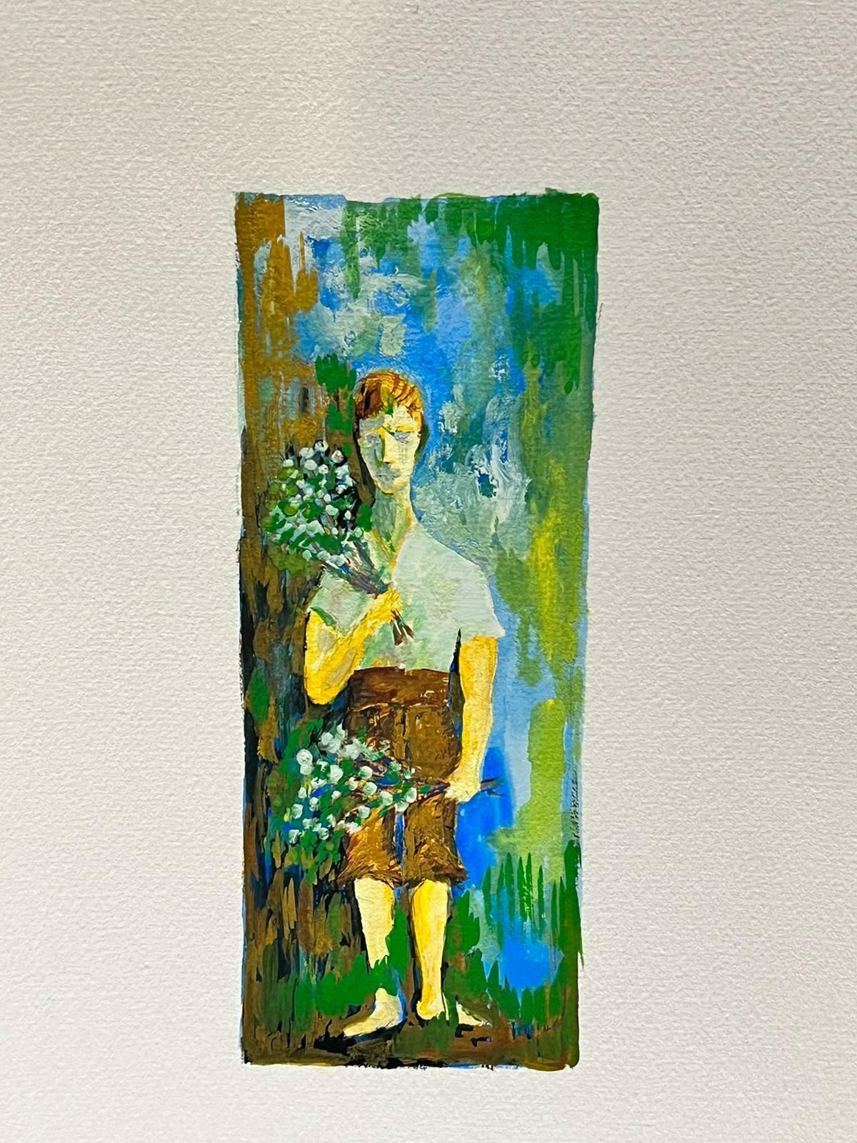 Bernard Labbe1950's Modernist/ Cubist Painting   Boy With Flowers1950's