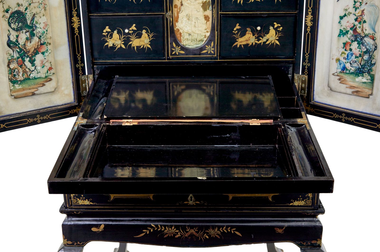 photo vintage 19th Century Chinese Canton Black Lacquered Desk Cabinet