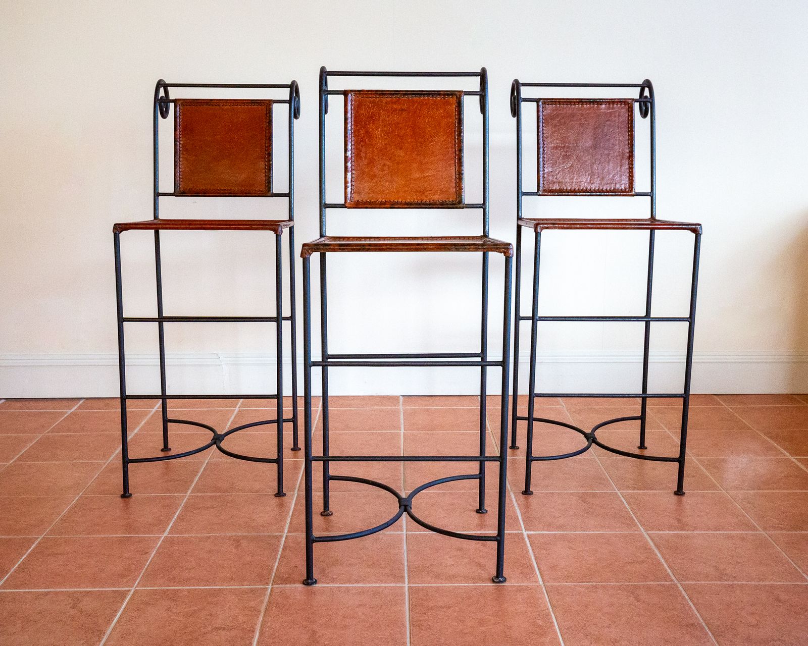 Furniture 3 Ralph Lauren Barstools Tan Leather Wrought Iron High Bar Stools Neoclassical Designer Artisan Forged Hand Stitched Curule Art D.Eco photo