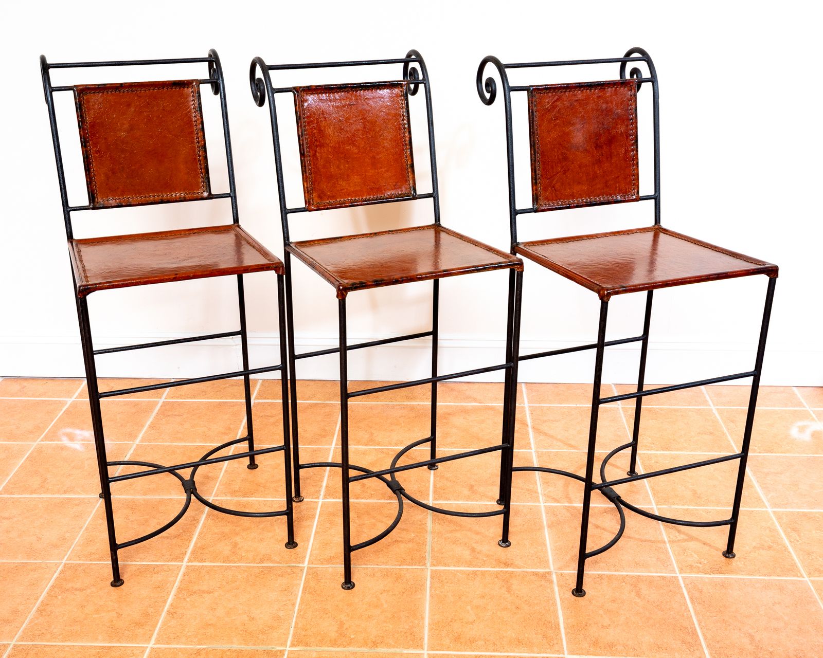 3 Ralph Lauren Barstools Tan Leather Wrought Iron High Bar Stools Neoclassical Designer Artisan Forged Hand Stitched Curule Art D.Eco photo for sale
