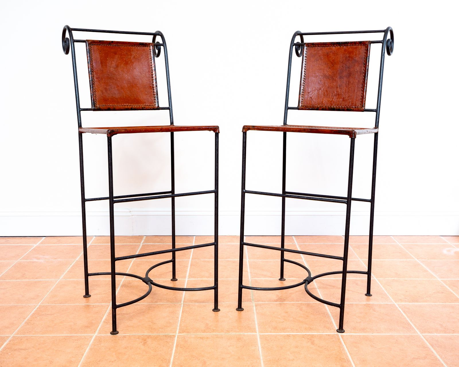 3 Ralph Lauren Barstools Tan Leather Wrought Iron High Bar Stools Neoclassical Designer Artisan Forged Hand Stitched Curule Art D.Eco photo vinterior