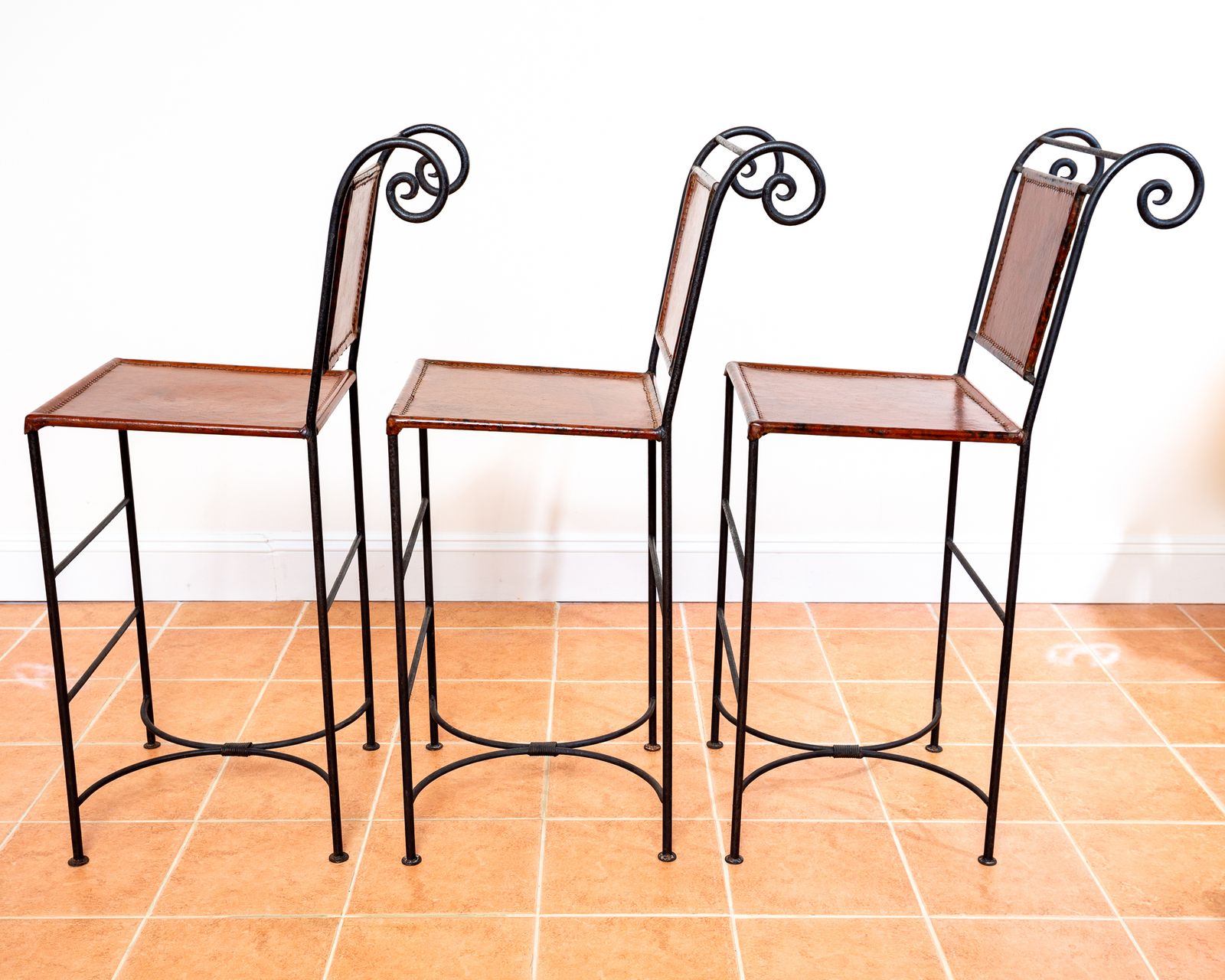 2750.0 3 Ralph Lauren Barstools Tan Leather Wrought Iron High Bar Stools Neoclassical Designer Artisan Forged Hand Stitched Curule Art D.Eco photo