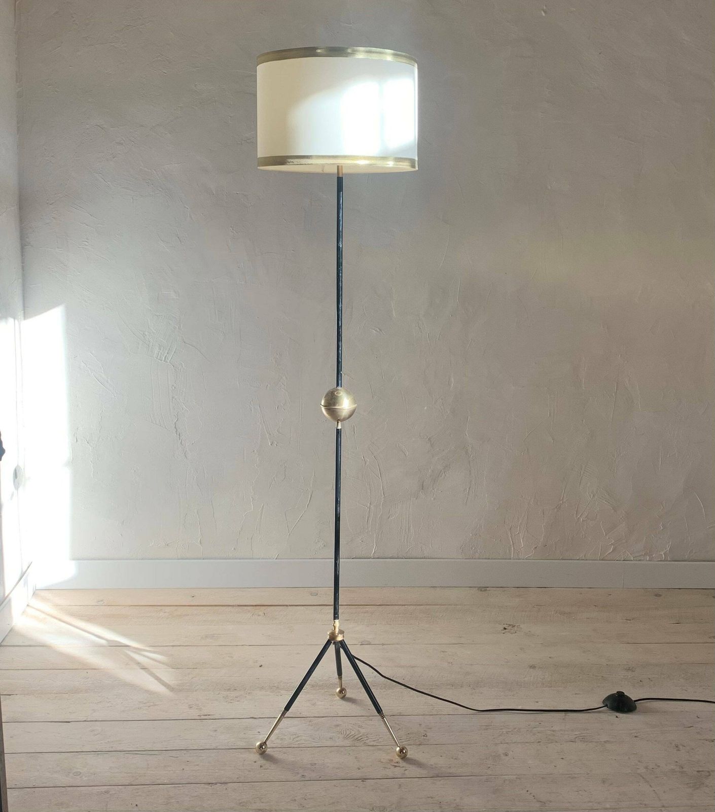 Vintage Black Metal Tripod Floor Lamp And Brass Ball