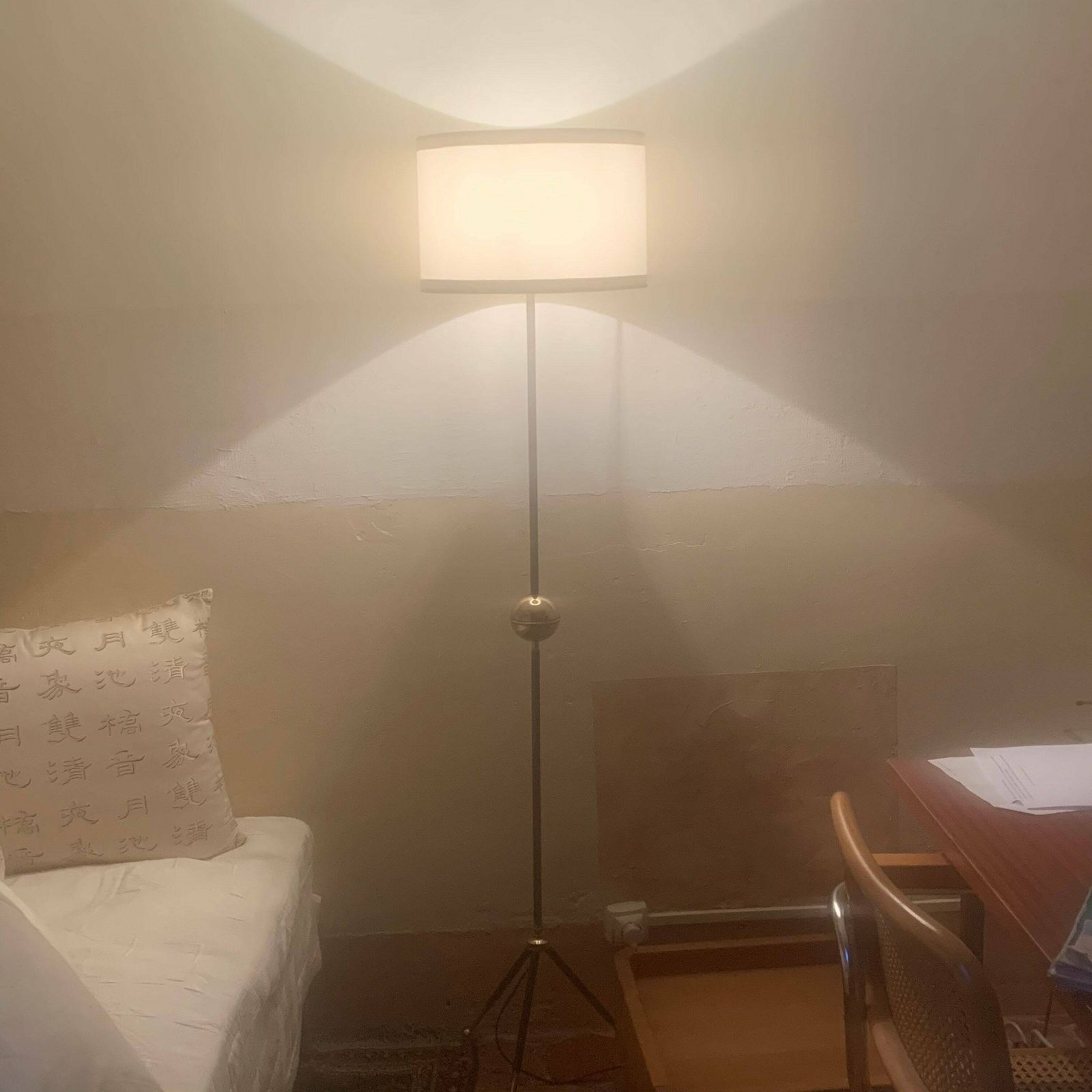 Vintage Black Metal Tripod Floor Lamp And Brass Ball photo for sale