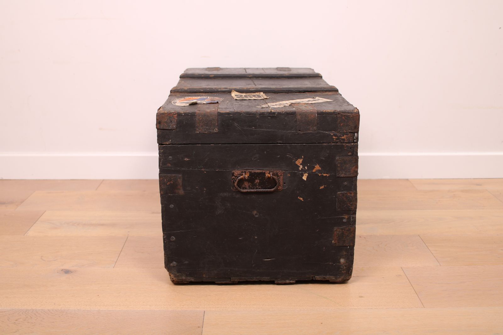A Vintage Black Wooden Trunk With Hinged Lid   Blanket Box   Log Storage photo for sale