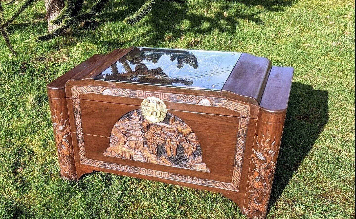 Superb Vintage Chinese Carved Camphor Wood Blanket Chest Delivery Available 0170.