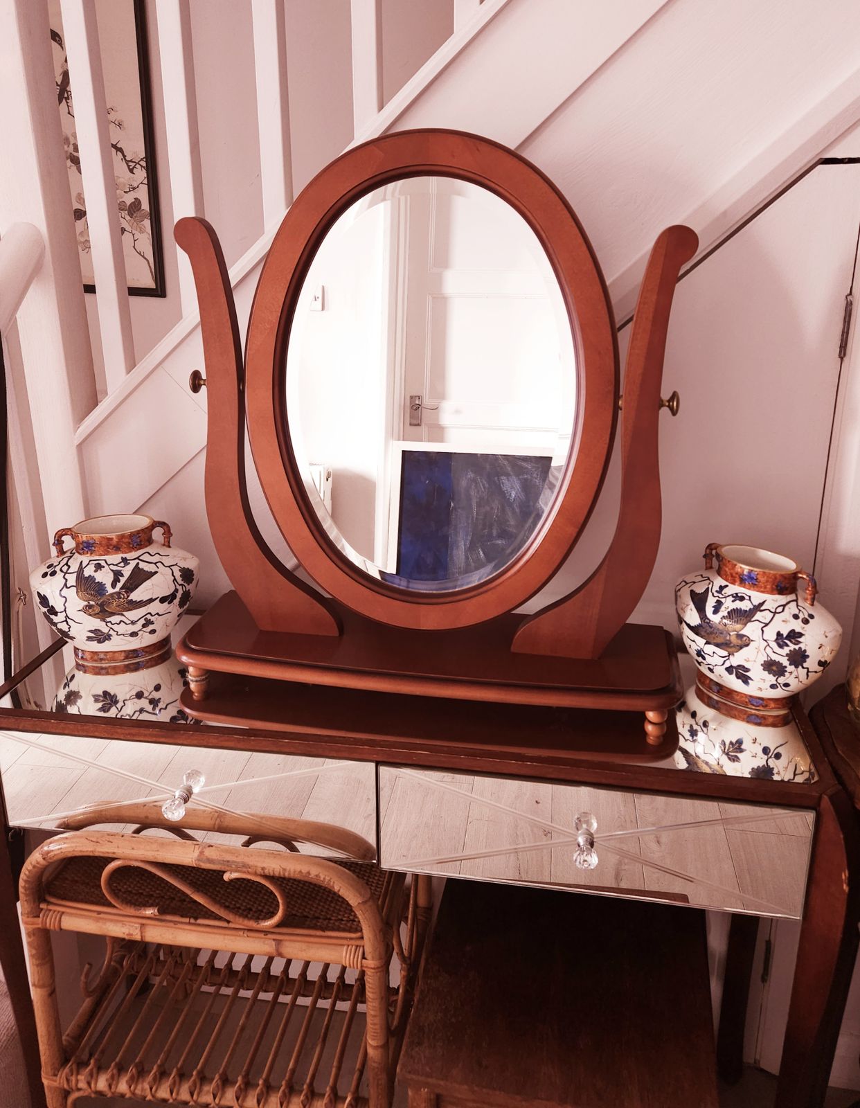Large, Oval, Bevelled, Mirror In Light Mahogany To Sit On Top Of Furniture photo furniture
