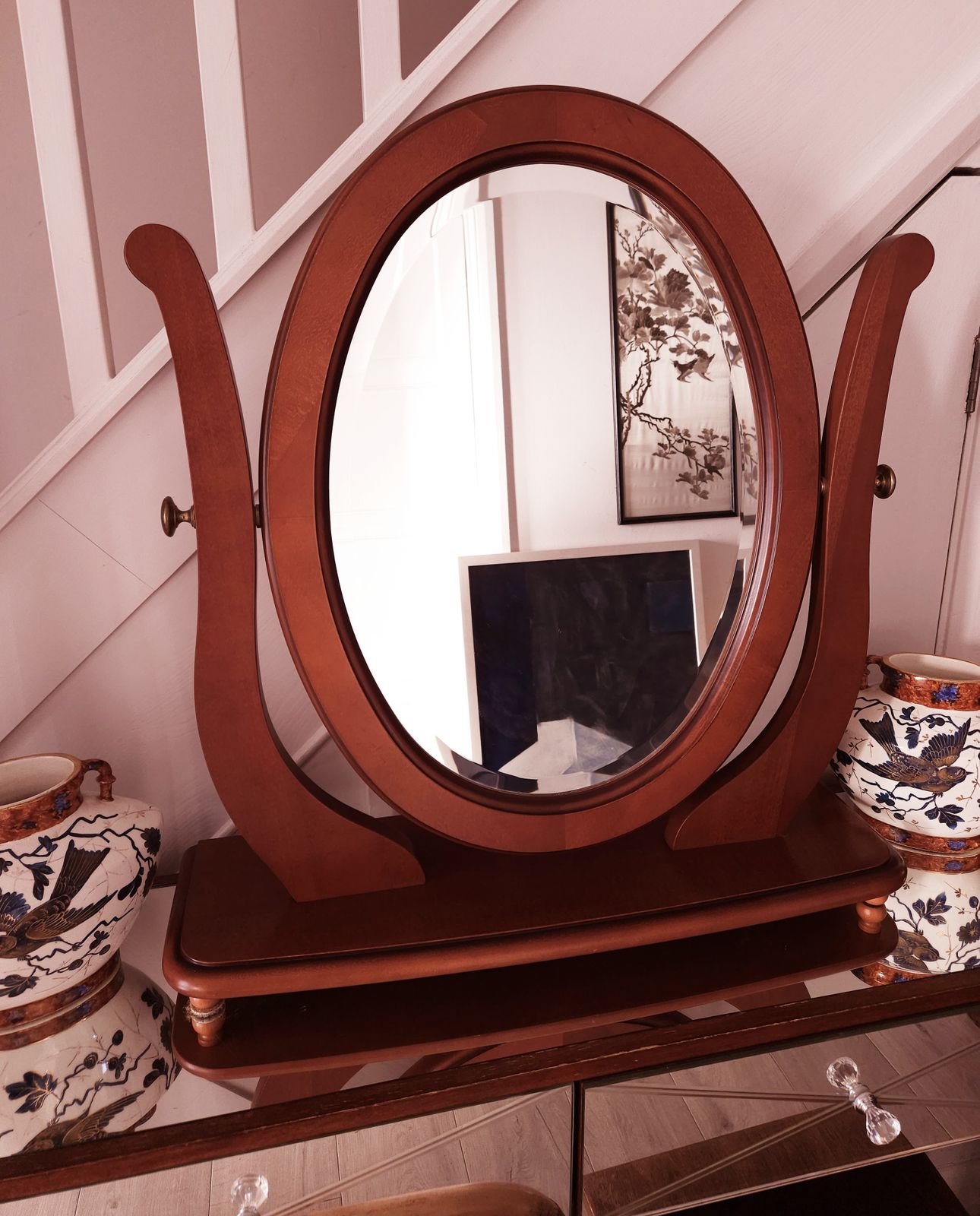 Large, Oval, Bevelled, Mirror In Light Mahogany To Sit On Top Of Furniture