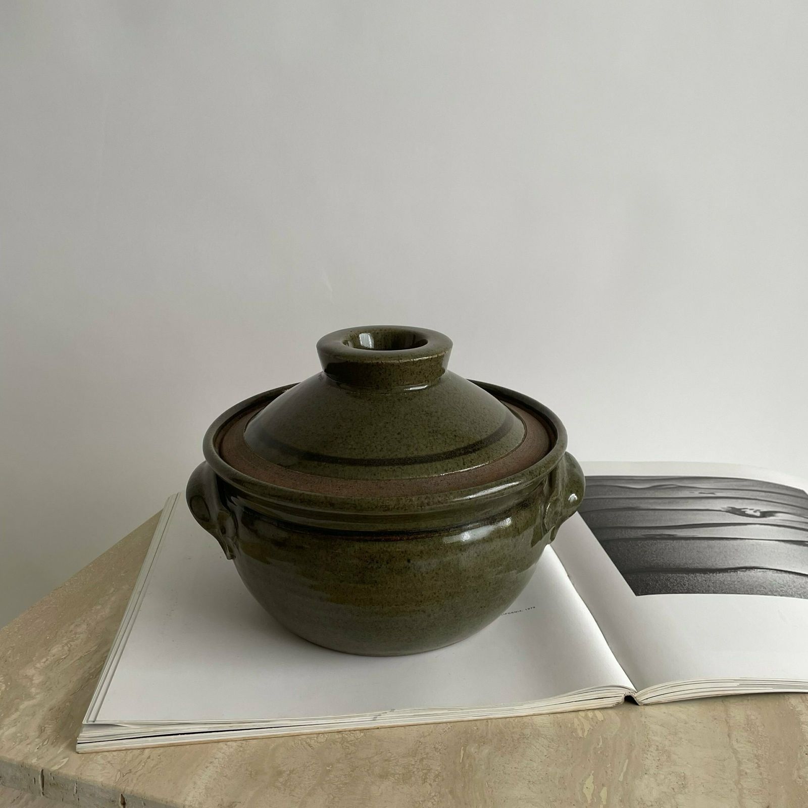Rare Mid Century Richard Champion Of Yeo Valley Pottery Large Stoneware Lidded Bowl In Green Earthy Tones