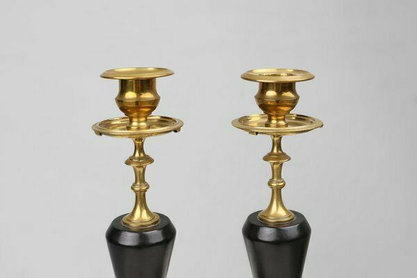 Empire Style Bronze And Ceramic Candlesticks, France, 1870s, Set Of 2 photo for sale