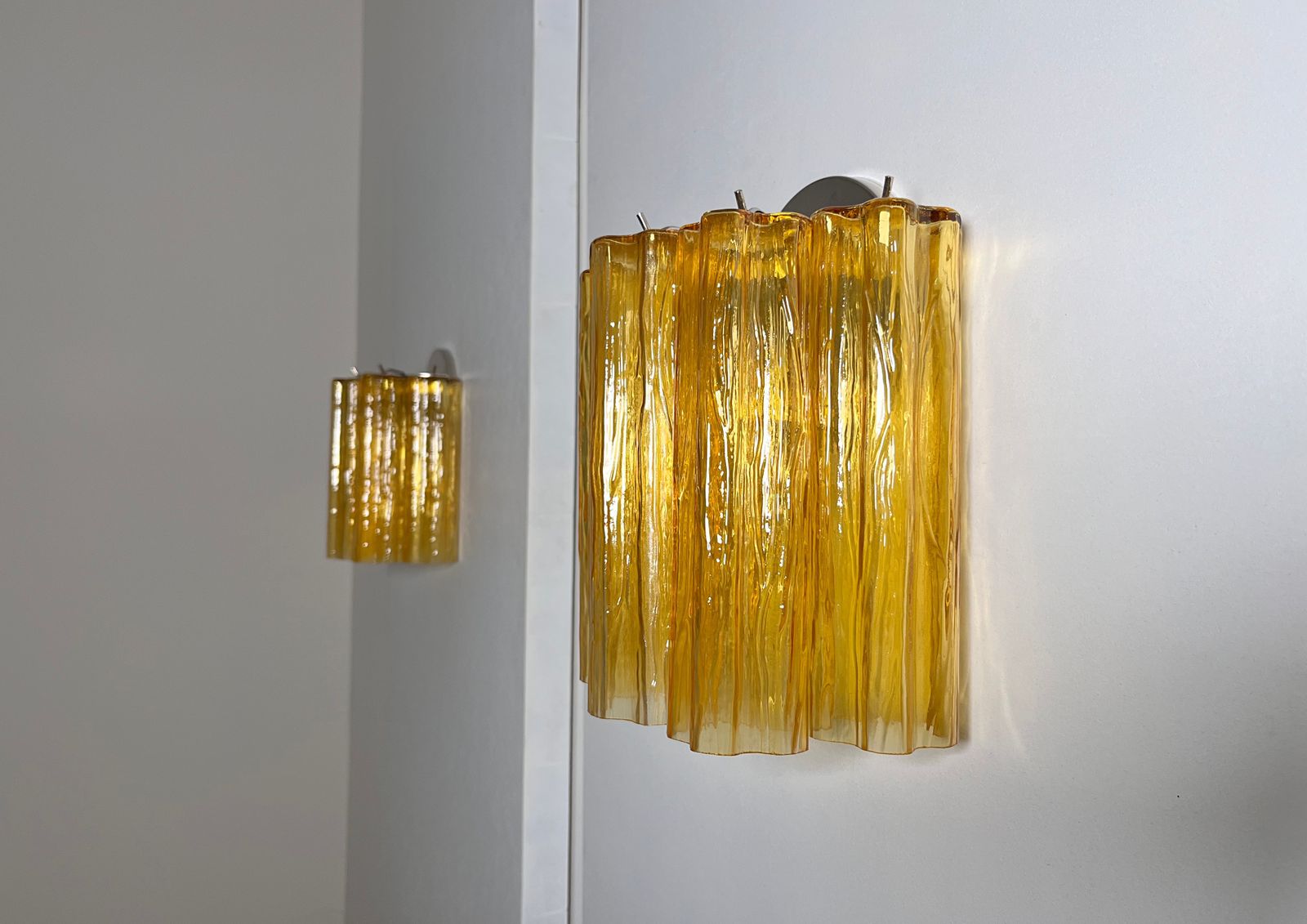 photo for sale Fantastic Pair Of Murano Glass Tube Wall Sconces   5 Amber Glass Tube