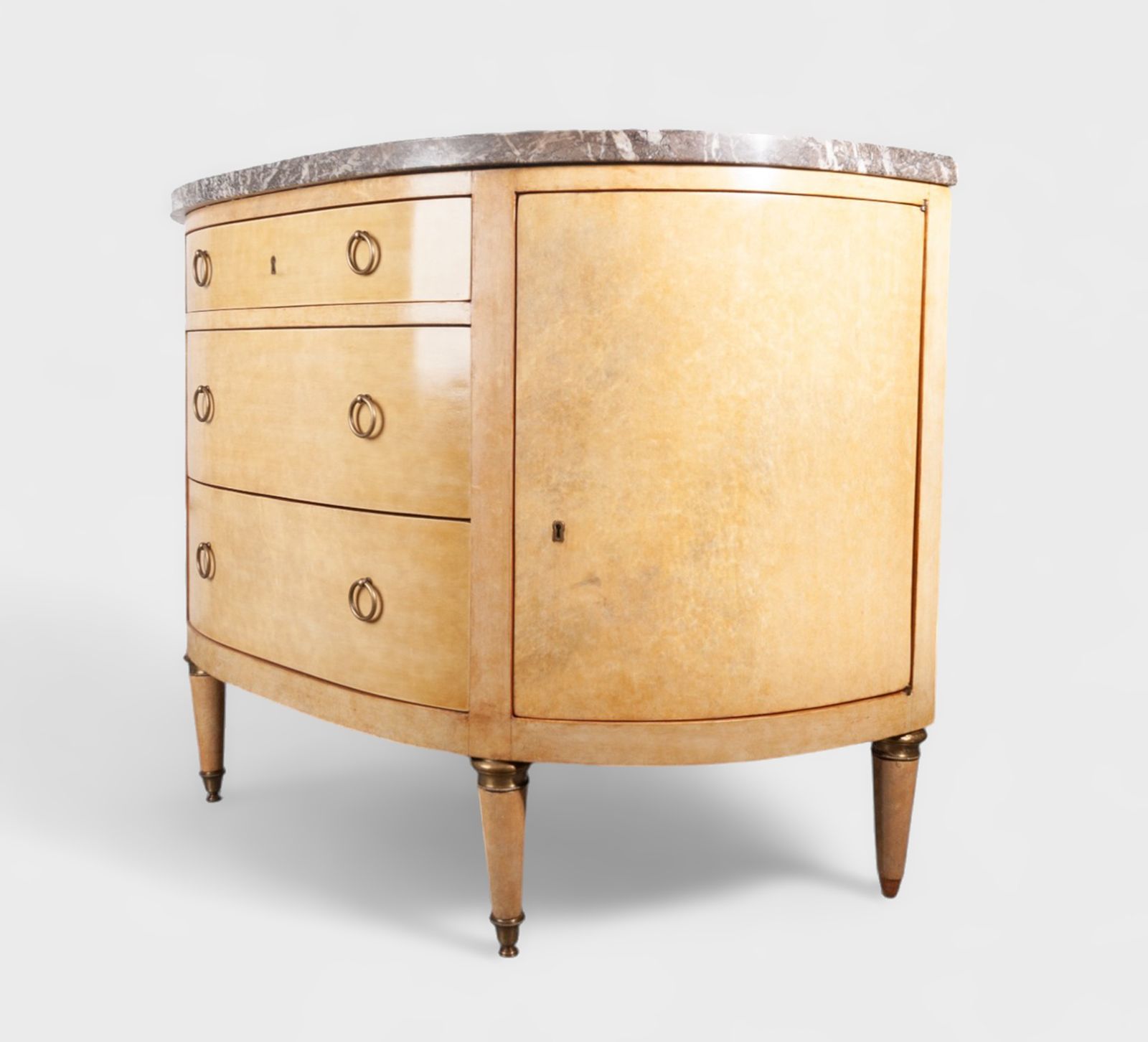 Mid 20th Century Modern André Arbus Style Parchment Covered Wood And Marble Demilune Dresser, France photo 9900.0