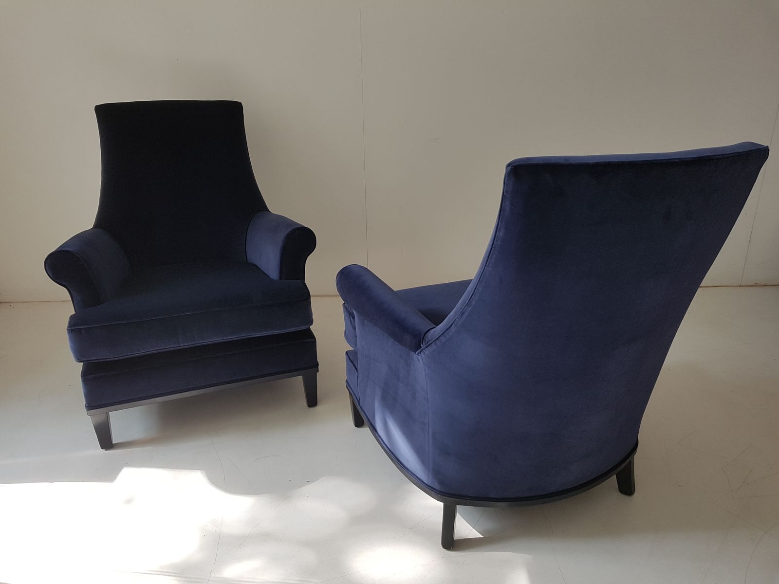 Pair Of Mid Century Modern   American Armchairs In Blue Velvet. photo furniture