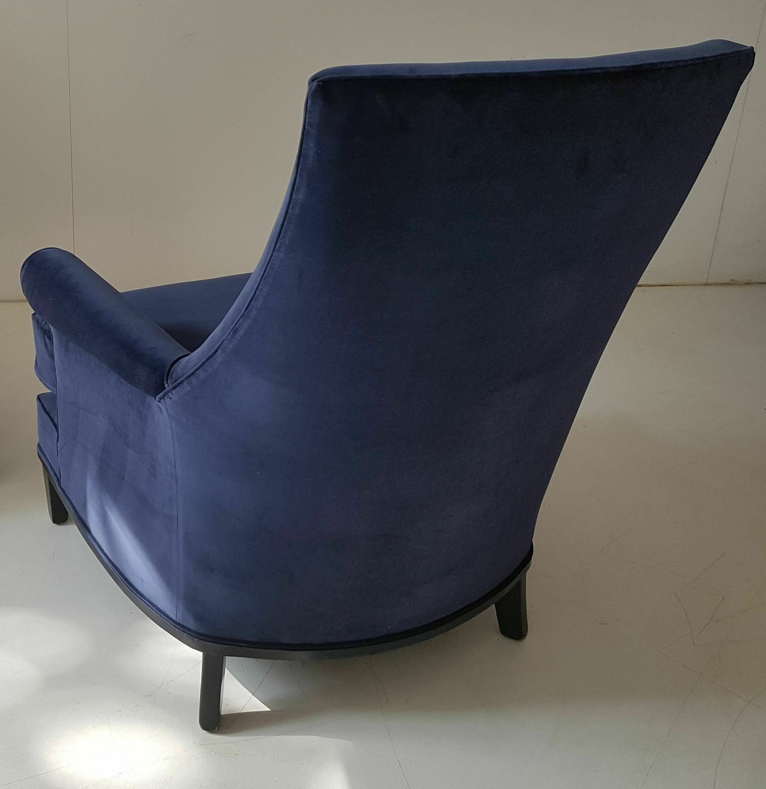 Pair Of Mid Century Modern   American Armchairs In Blue Velvet. photo for sale
