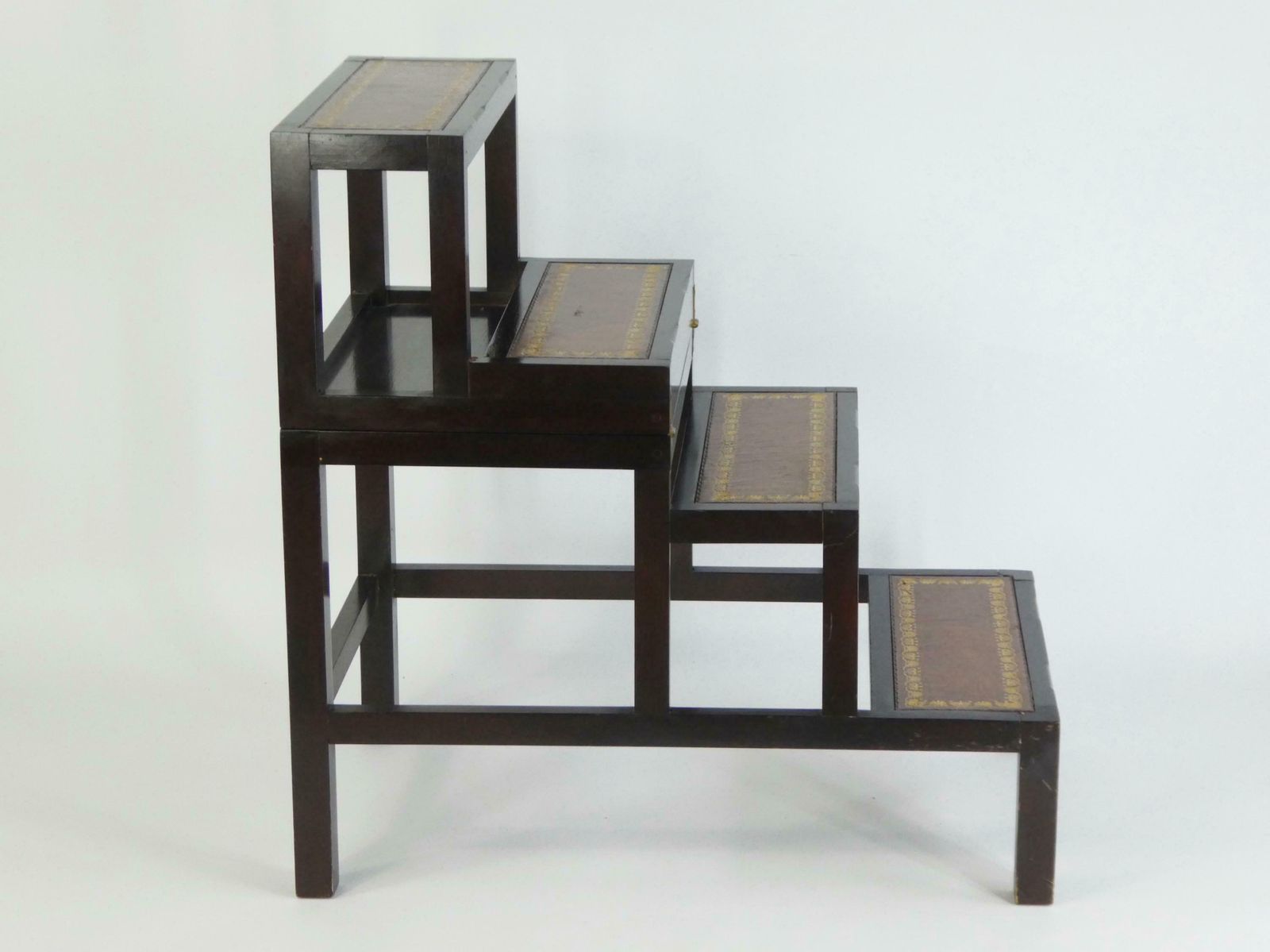 Metamorphic Wooden Stairs With Leather, Foldable Library Steps With Brown Inlaid Leather, Large Edwardian Bookcase Ladder photo Home Decor