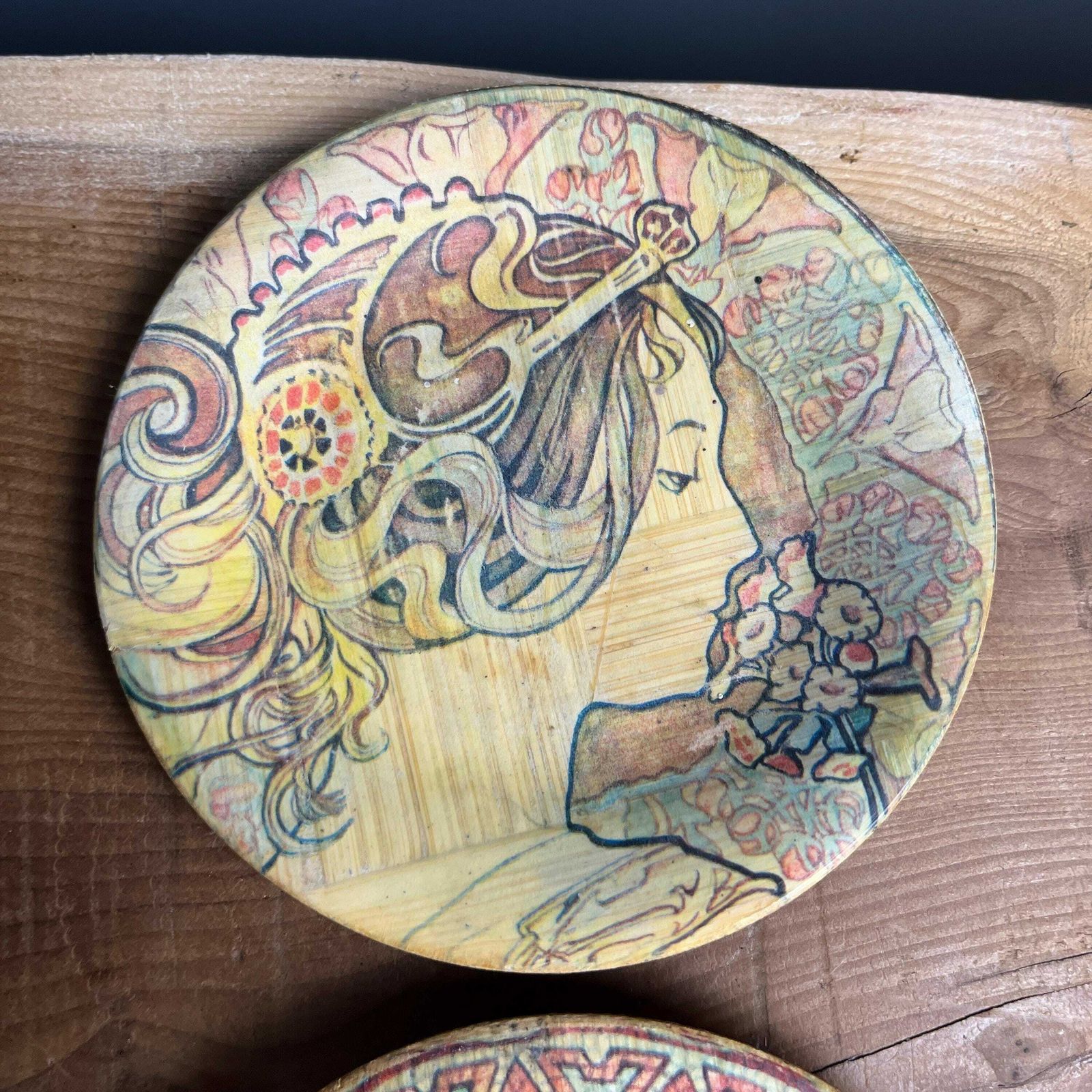 photo furniture Vintage Mucha Art Nouveau Bamboo Dishes Coasters, Drinkware, Kitchen Decor, Coffee Mats, Living Room Design, Collectibles Piece